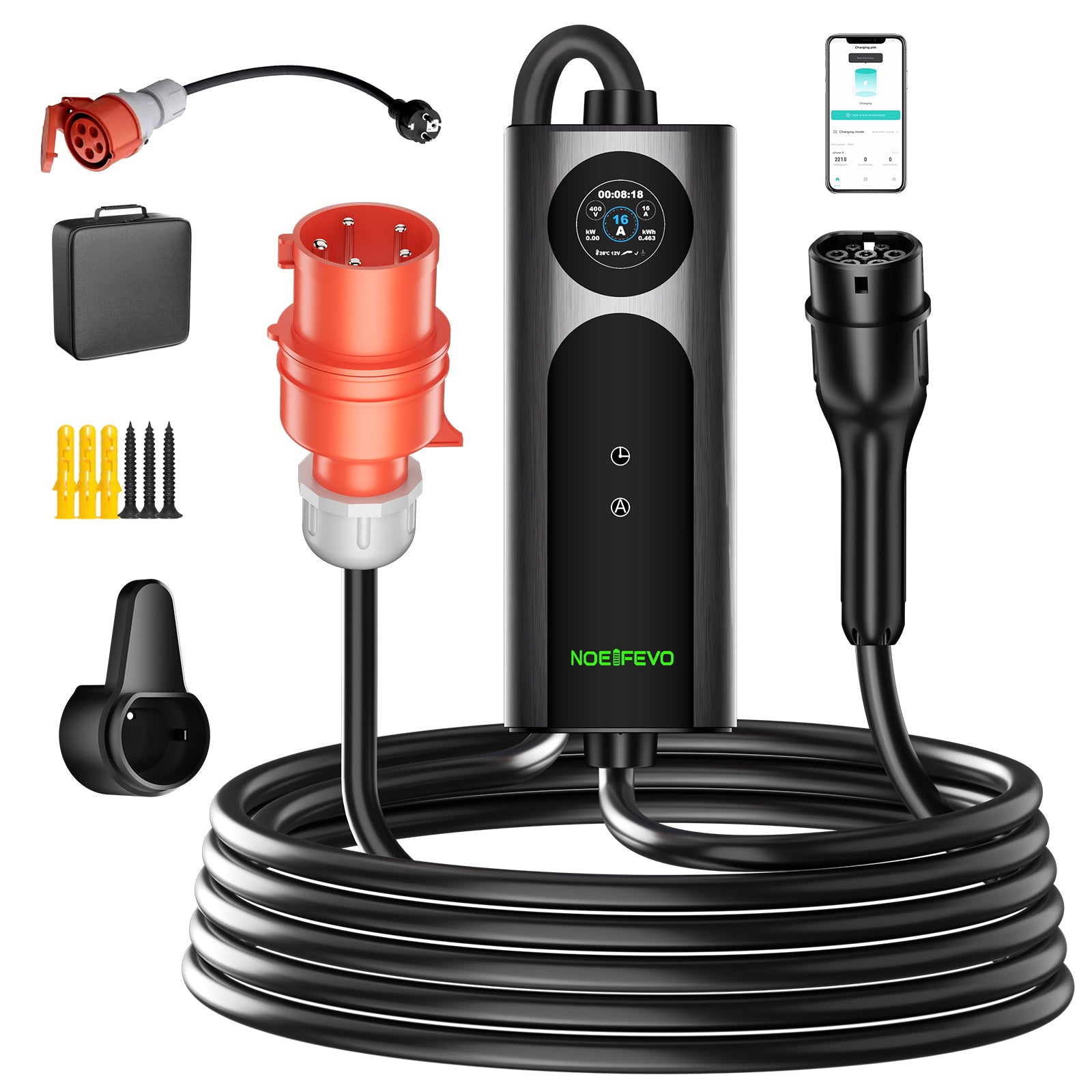 NOEIFEVO 2026 Pro Mobile Wallbox 11kw mit app, e auto CEE 16A auf Typ 2 Ladekabel, 3-phasig EV Ladegerät für Allen EVs(IEC 62196-2) & PHEVS