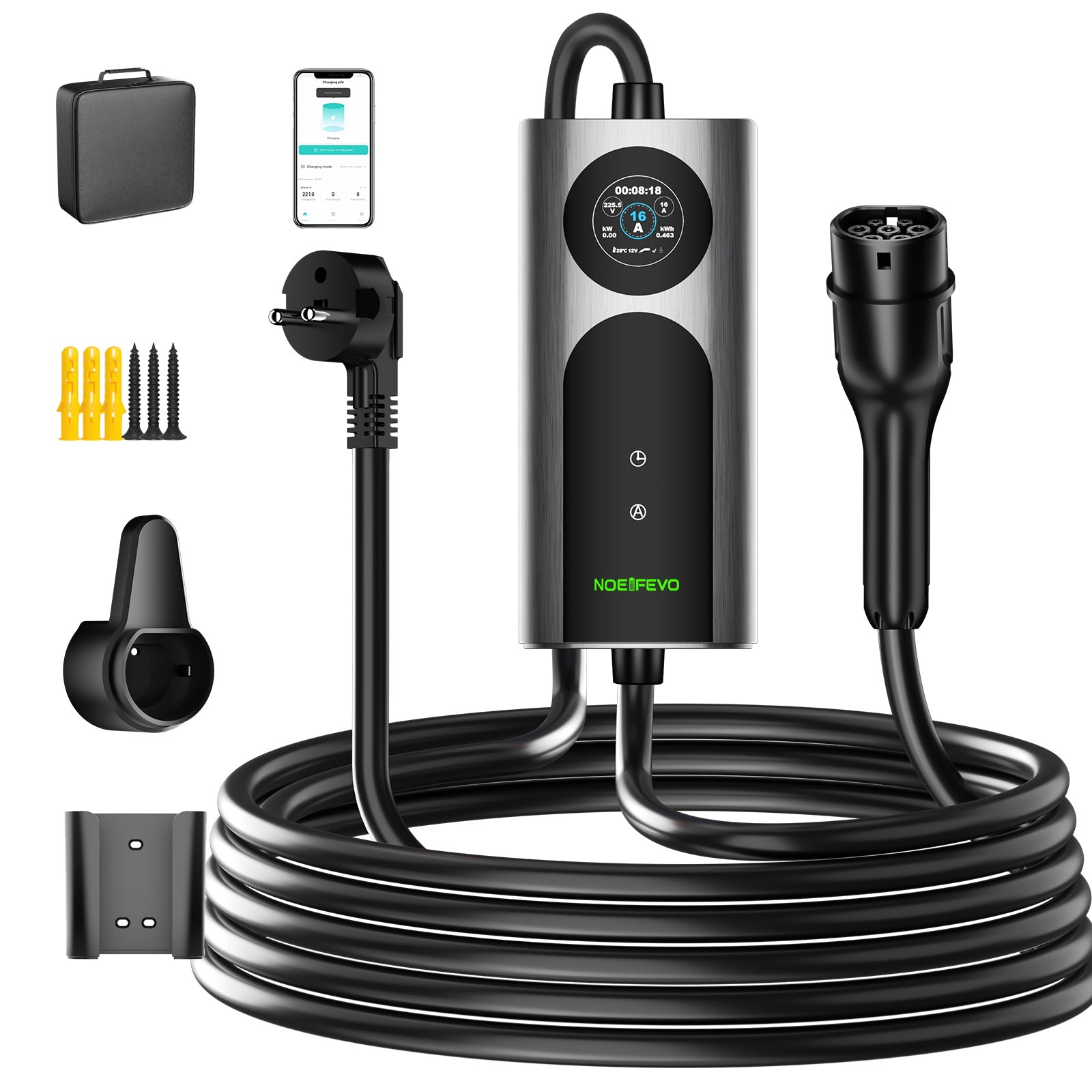 NOEIFEVO CY01 Type 2 câble de recharge Schuko 220V, 3,7kW Wallbox mobile avec APP, câble de charge monophasé 6–16A pour tous les VE (IEC 62196-2) & PHEV