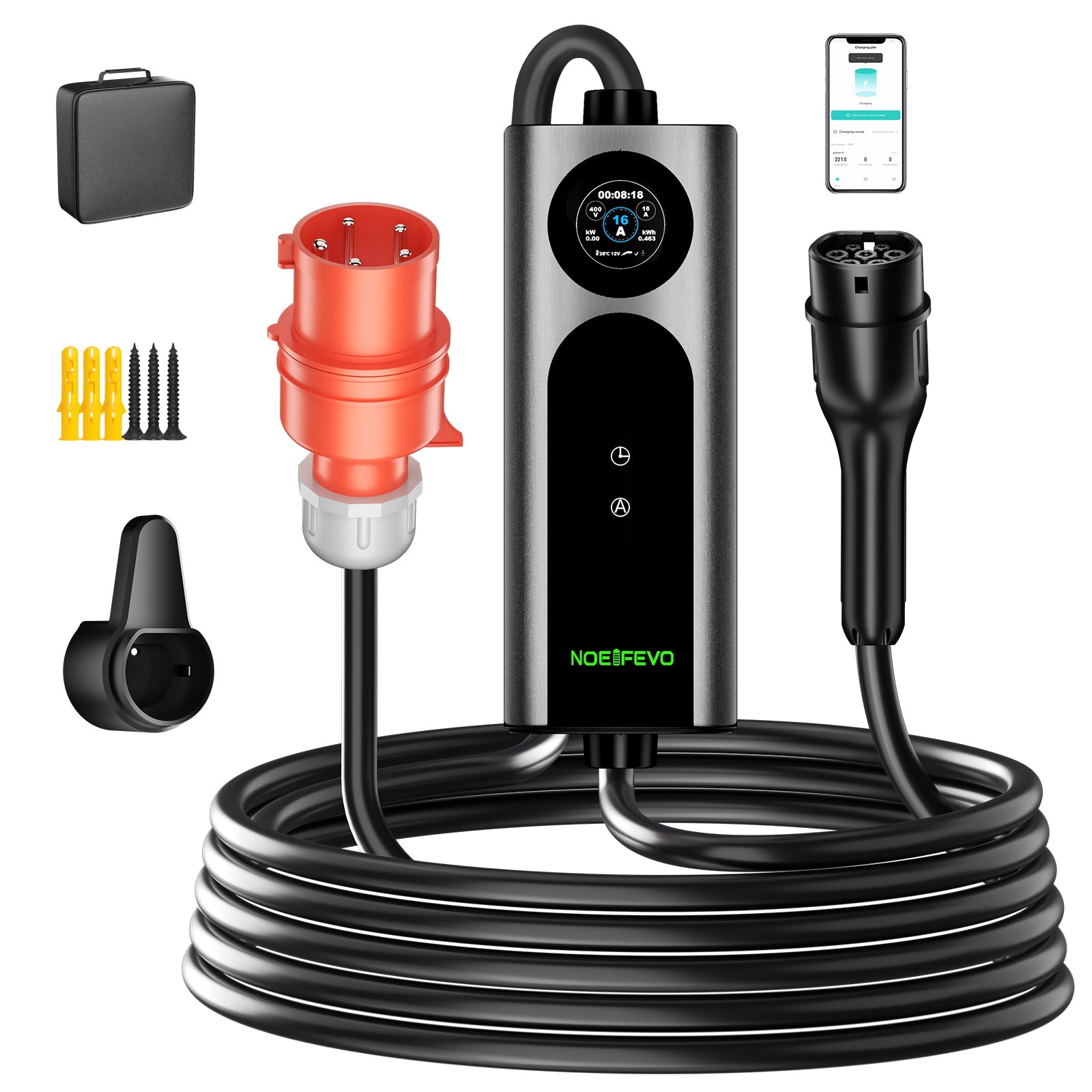 Noeifevo Wallbox EV Móvel Tipo 2, Carregador EV 11KW 3-fases CEE16A com Potência de Carga Ajustável, Cabo de Carregamento EV de 5m/10m/15m para Model Y/3, ID.3/4/5, MG4, EX30, e-up, e-tron, Zoe e outros veículos elétricos.
