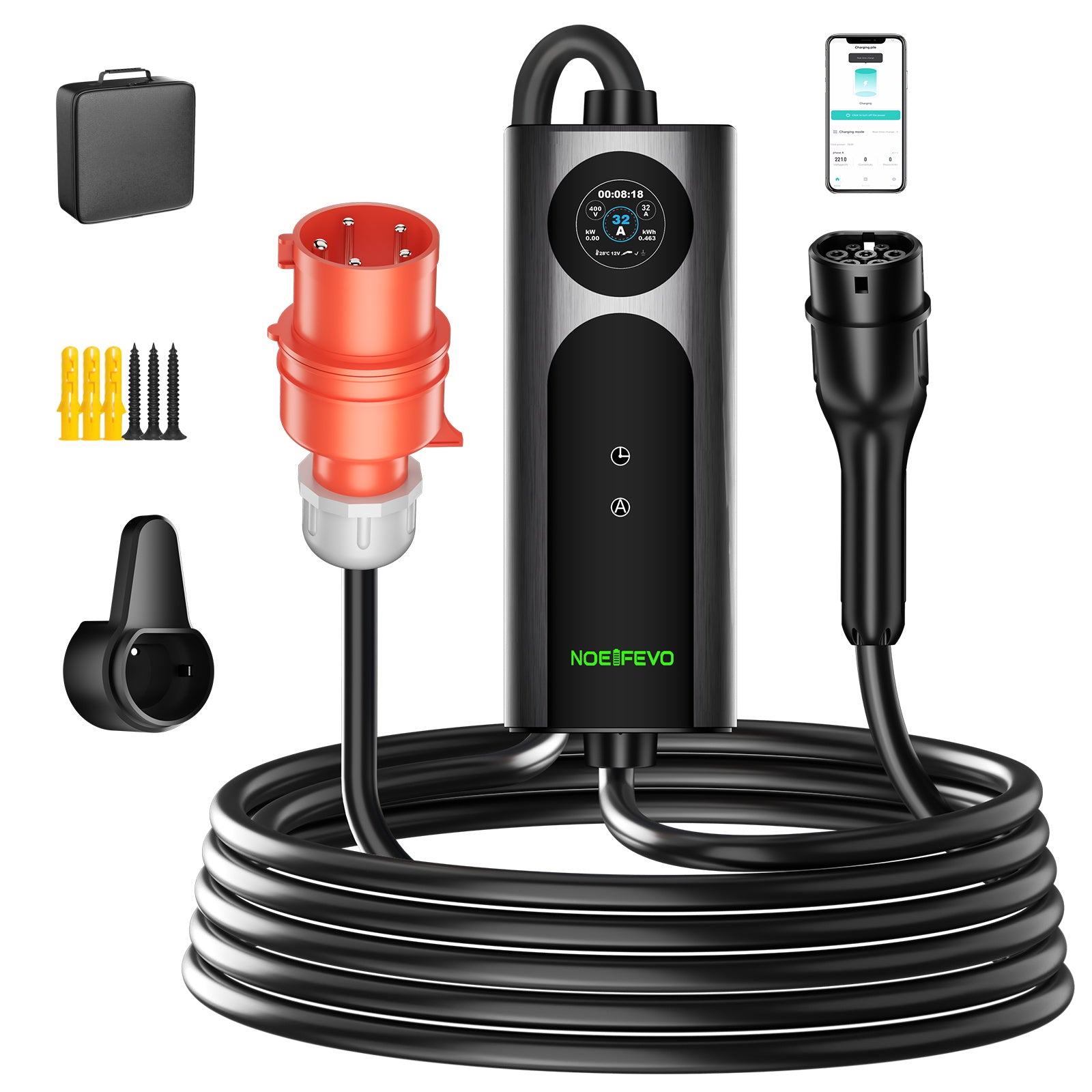 22KW 32A 3 Phase Mobile EV murale  Boîte, Chargeur rapide de type 2 pour véhicules électriques, câble de 5 mètres, prise CEE 32A