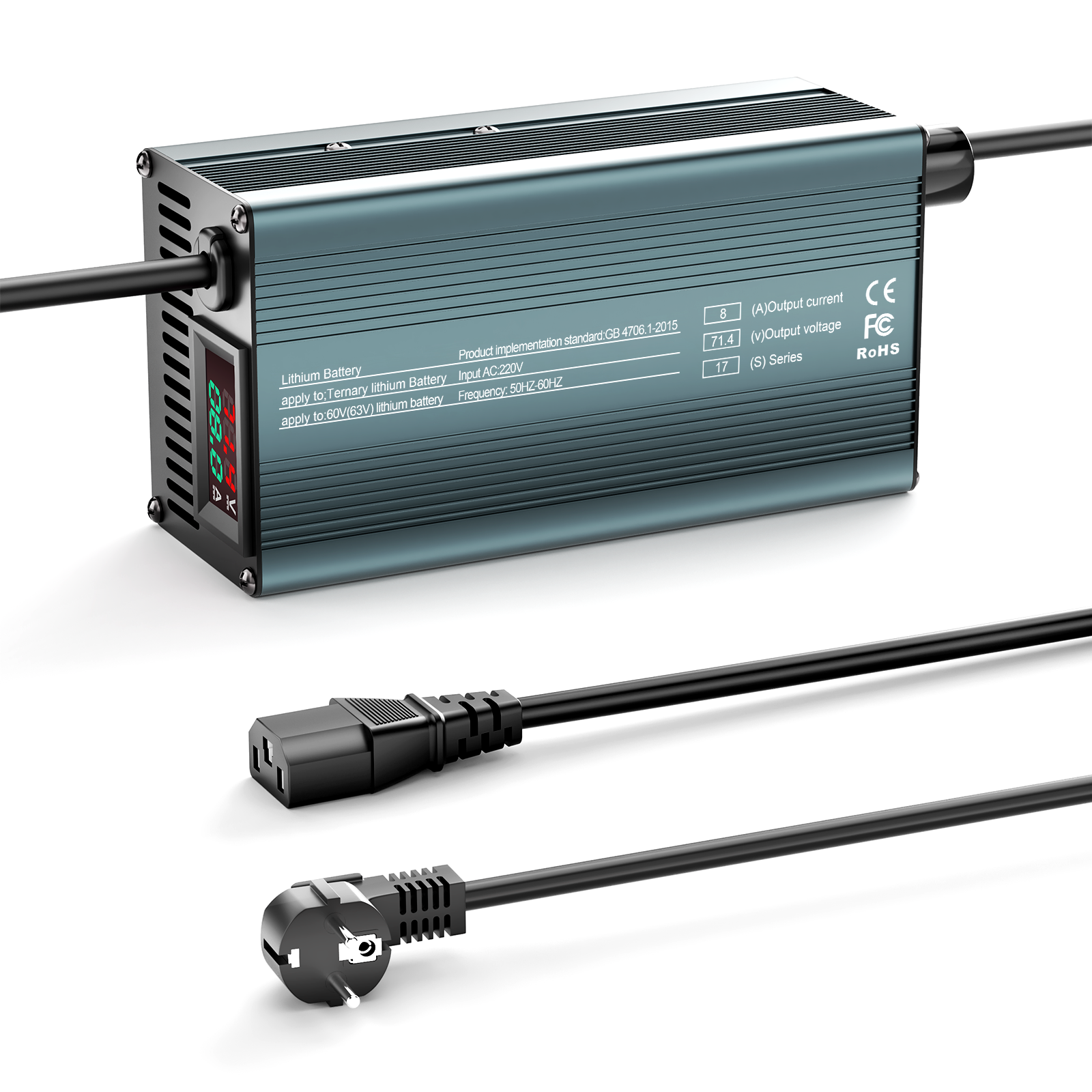 NOEIFEVO 71.4V 8A 17S Lithium-Batterieladegerät für 17S 62.9V Li-Ionen-Batterien, Strom Einstellung 1-8A, langsames Laden und schnelles Laden (MLC1300)