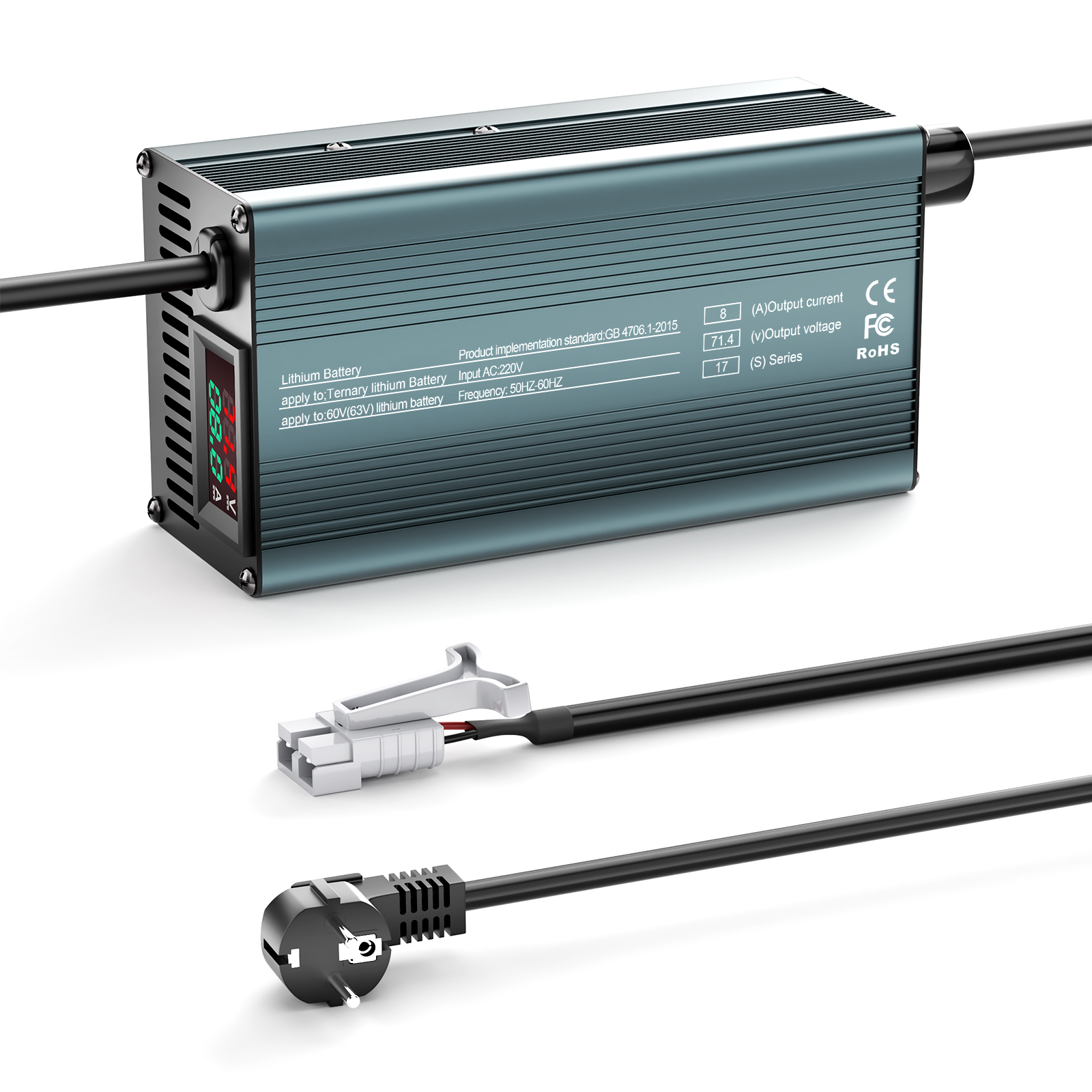 NOEIFEVO 71,4V 8A Lithiumbatterijlader voor 17S 62,9V Li-Ion-batterijen, Stroominstelling 1-8A, langzaam opladen en snel opladen (MLC1300)