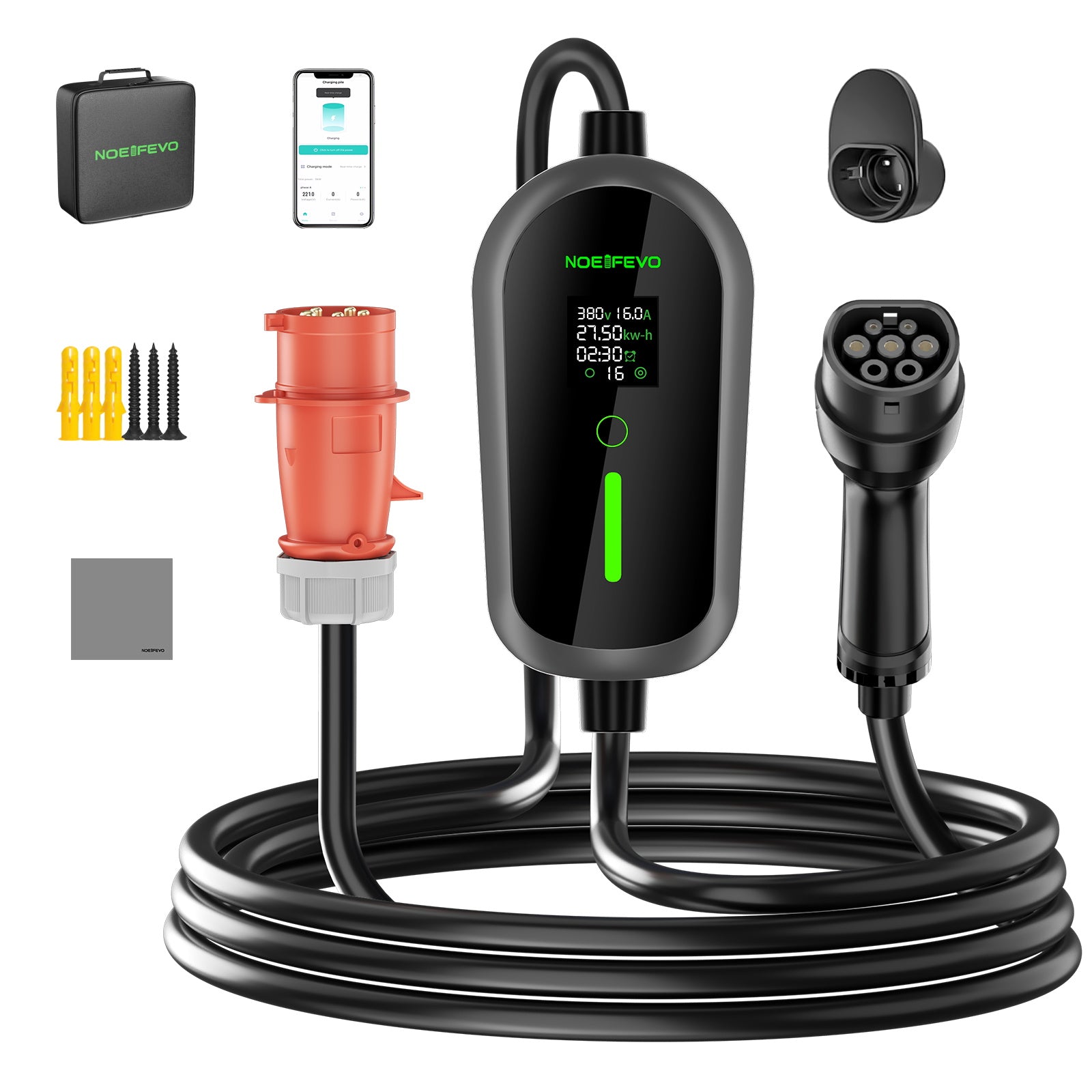 NOEIFEVO F097 11KW Wallbox mobile EV avec application, 3 phases 6-16A avec puissance de charge réglable, contrôle à distance par Wi-Fi, câble de recharge CEE 16A vers Type 2 pour chargeur EV