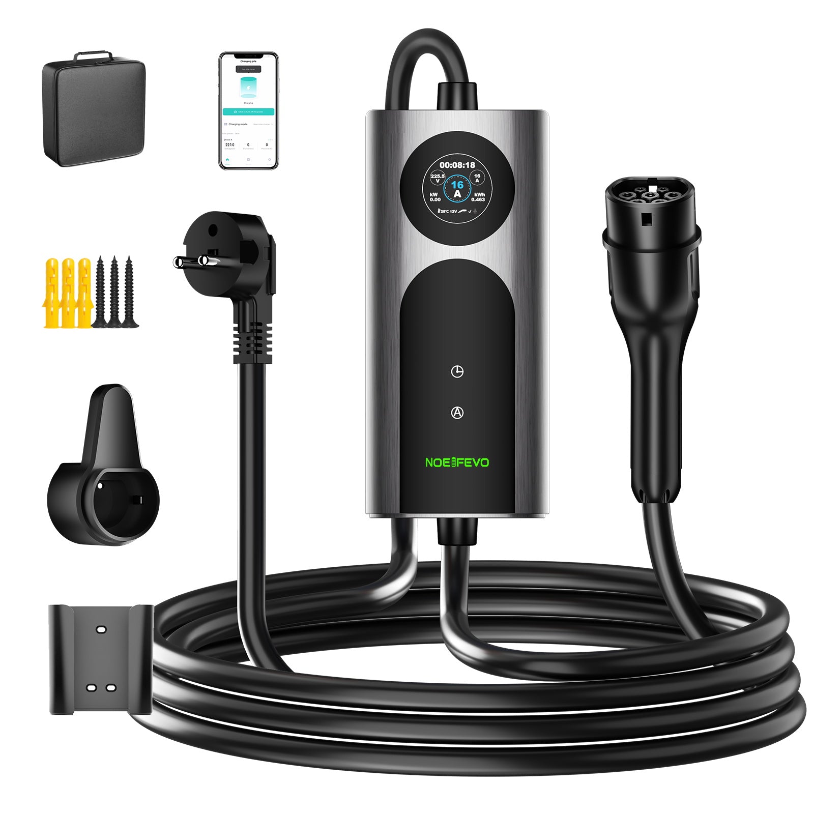 NOEIFEVO CY01 Type 2 câble de recharge Schuko 220V, 3,7kW Wallbox mobile avec APP, câble de charge monophasé 6–16A pour tous les VE (IEC 62196-2) & PHEV