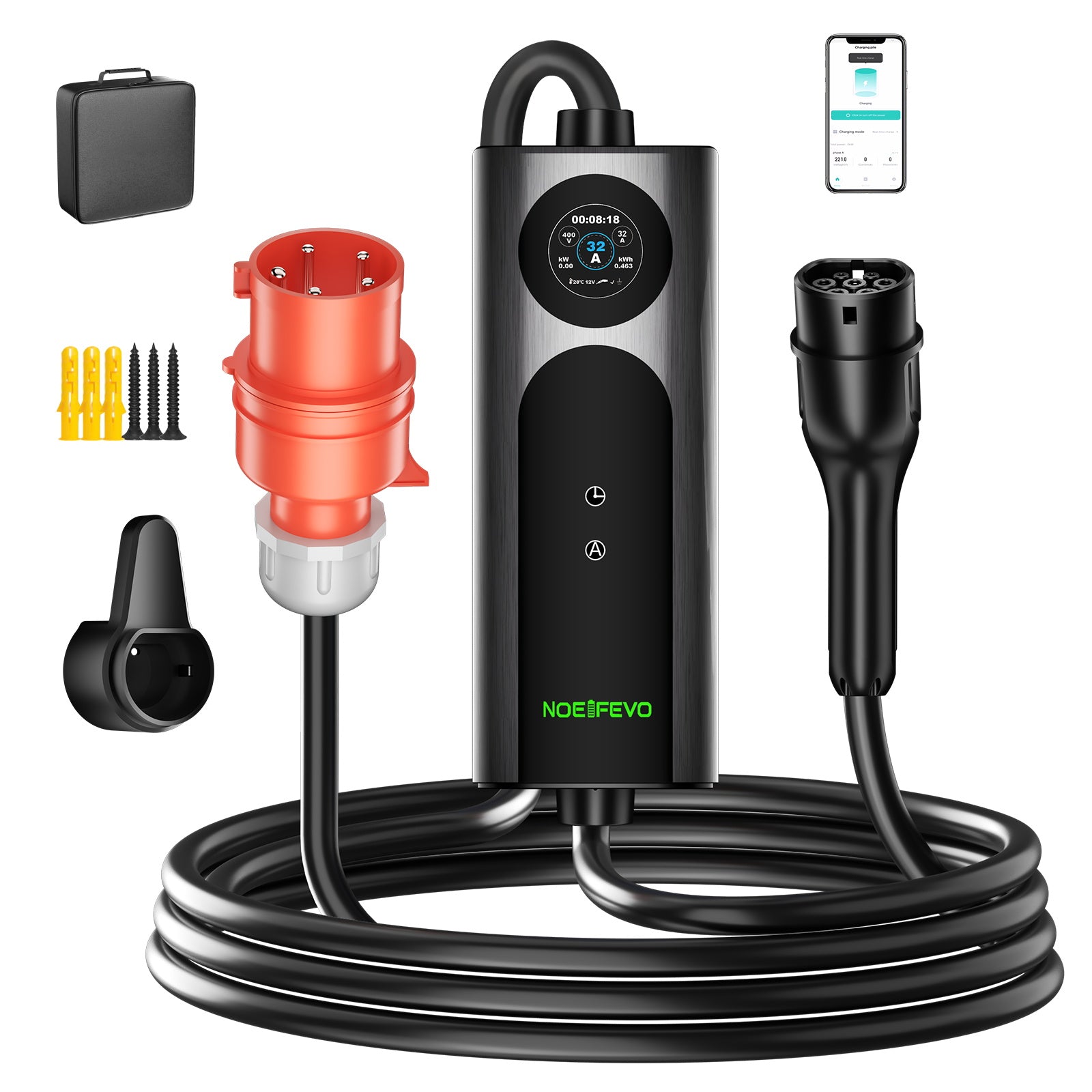 22KW 32A 3 Phase Mobile EV murale  Boîte, Chargeur rapide de type 2 pour véhicules électriques, câble de 5 mètres, prise CEE 32A