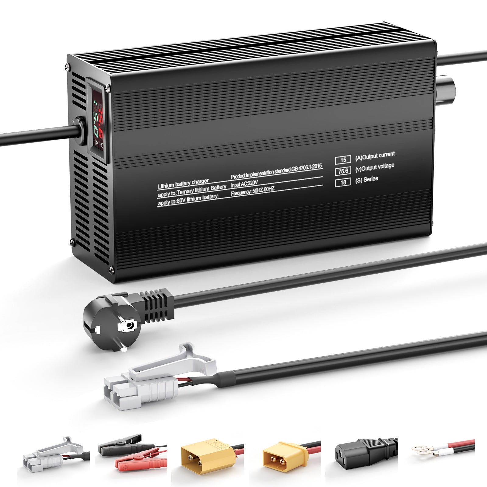 NOEIFEVO 60V 18S 15A Lithium-Batterieladegerät, Ausgangsspannung75.6V, Stromeinstellung 1–15A, langsames Laden und schnelles Laden (MLC1300)