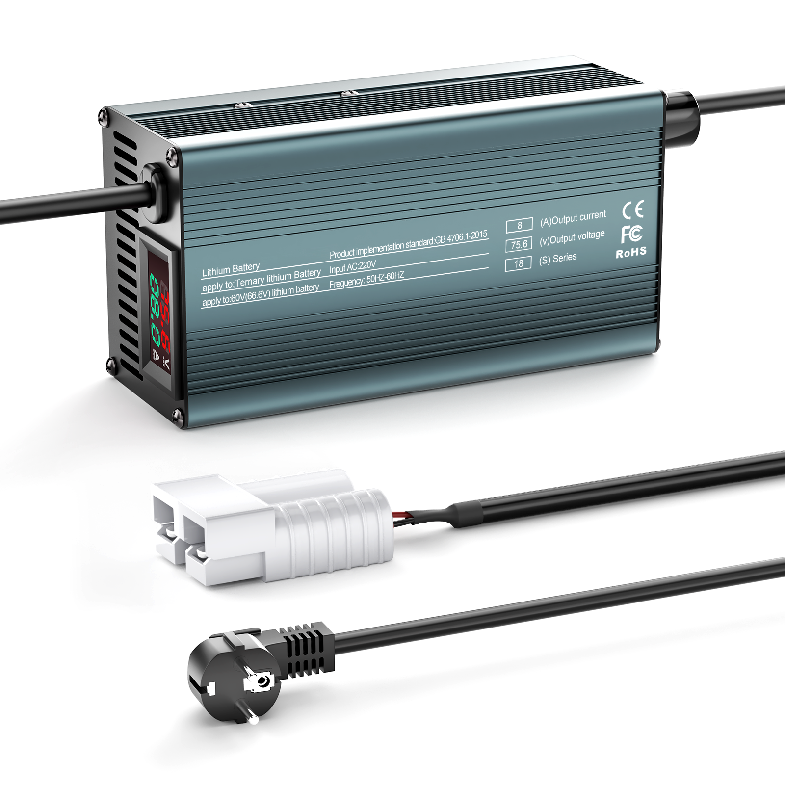 NOEIFEVO 75.6V 8A 18S Lithiumbatterijlader voor 18S 66.6V Li-ionbatterijen, stroominstelling 1-8A, langzaam opladen en snel opladen (MLC1300)