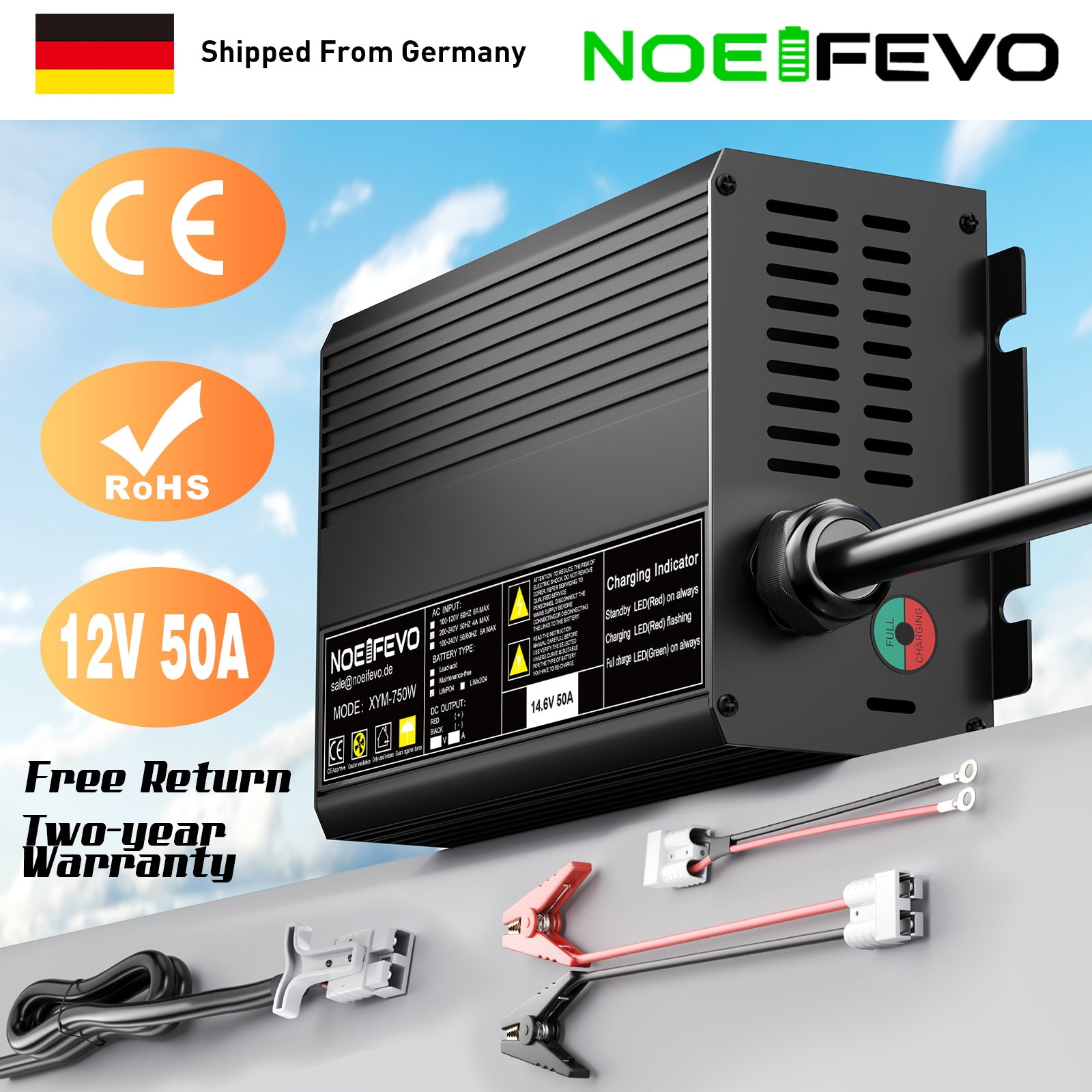 Noeifevo 14,6V 50A rýchla lítiová nabíjačka LiFePO4 batérie pre 12V (12,8V) LiFePO4 batériu, 0V BMS aktivácia, automatické vypnutie s plnou ochranou