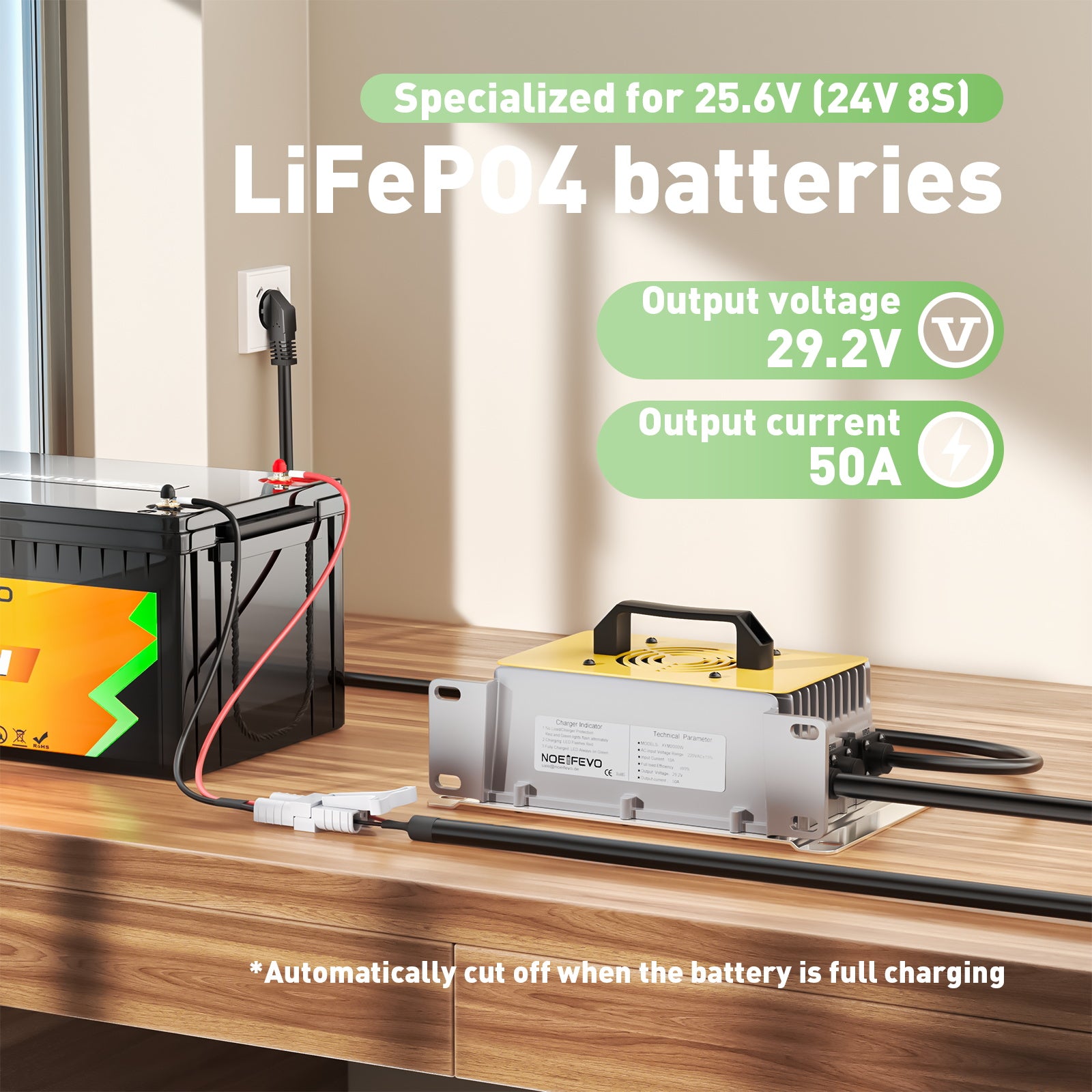 NOEIFEVO 29.2V 50A LiFePO4 batteriladdare för 24V 25.6V LiFePO4 batteri, vattentät, 0V BMS Activate