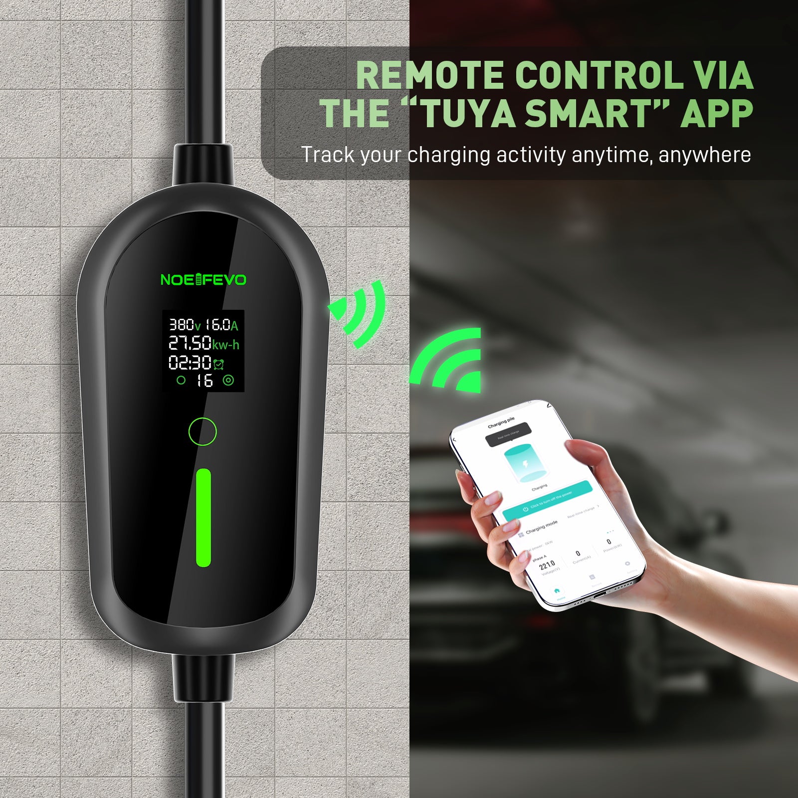 NOEIFEVO F097 11KW Wallbox mobile EV avec application, 3 phases 6-16A avec puissance de charge réglable, contrôle à distance par Wi-Fi, câble de recharge CEE 16A vers Type 2 pour chargeur EV