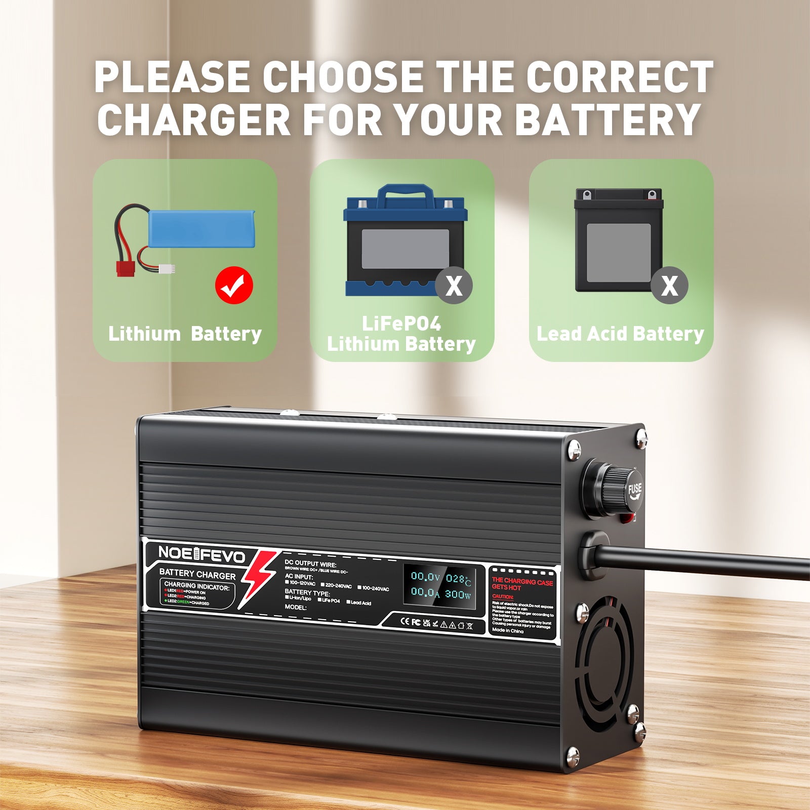 NOEIFEVO 33.6V 5A Lithium-oplader til 8S 29.6V Li-Ion Lipo-batterier, med LCD-skærm, køleventilator, automatisk slukning