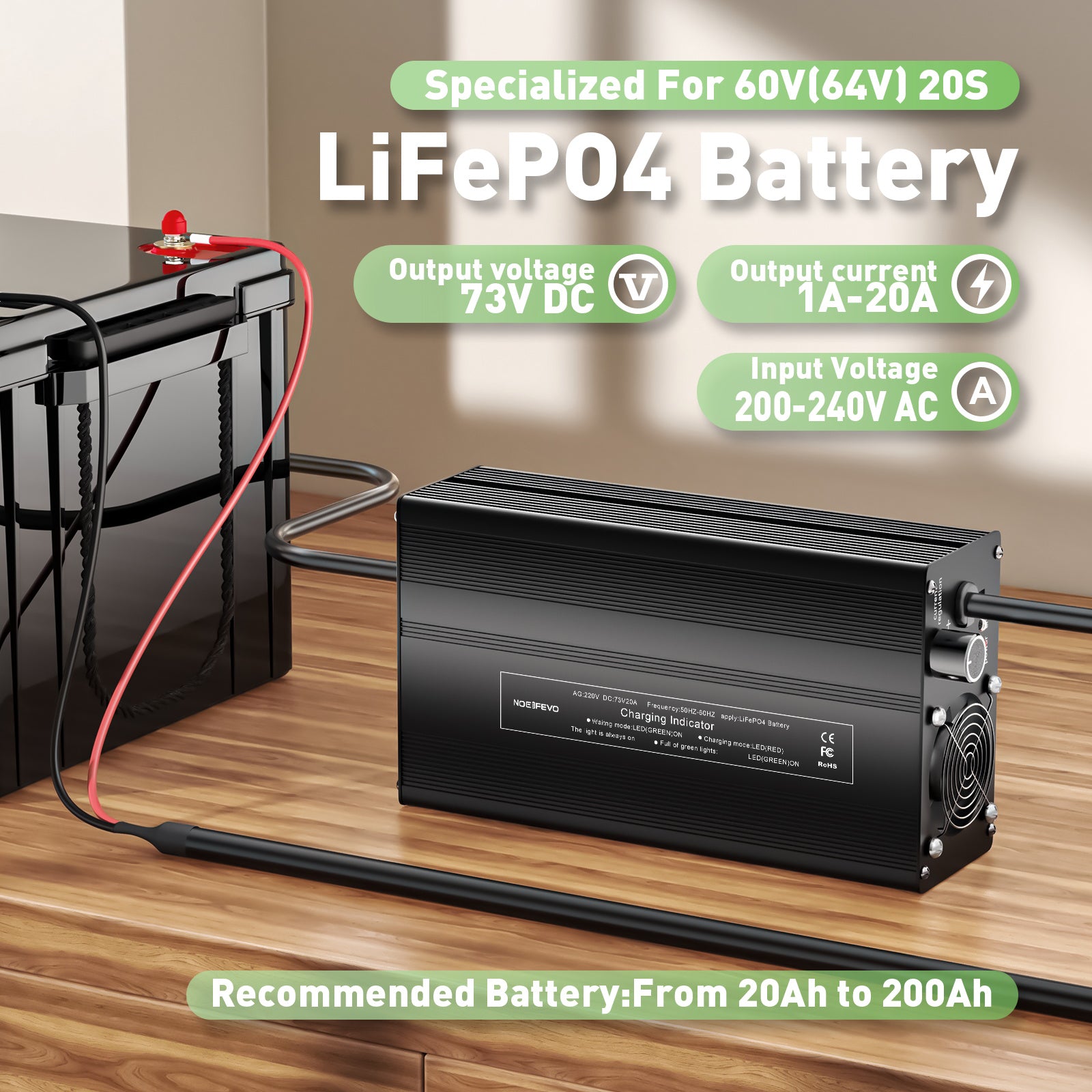 NOEIFEVO 73V 20A Chargeur Lithium-LiFePO4 pour batterie LiFePO4 60V 64V 20S, affichage LCD, courant réglable, chargeur pour moteur de traîne, bateau et camping-cars