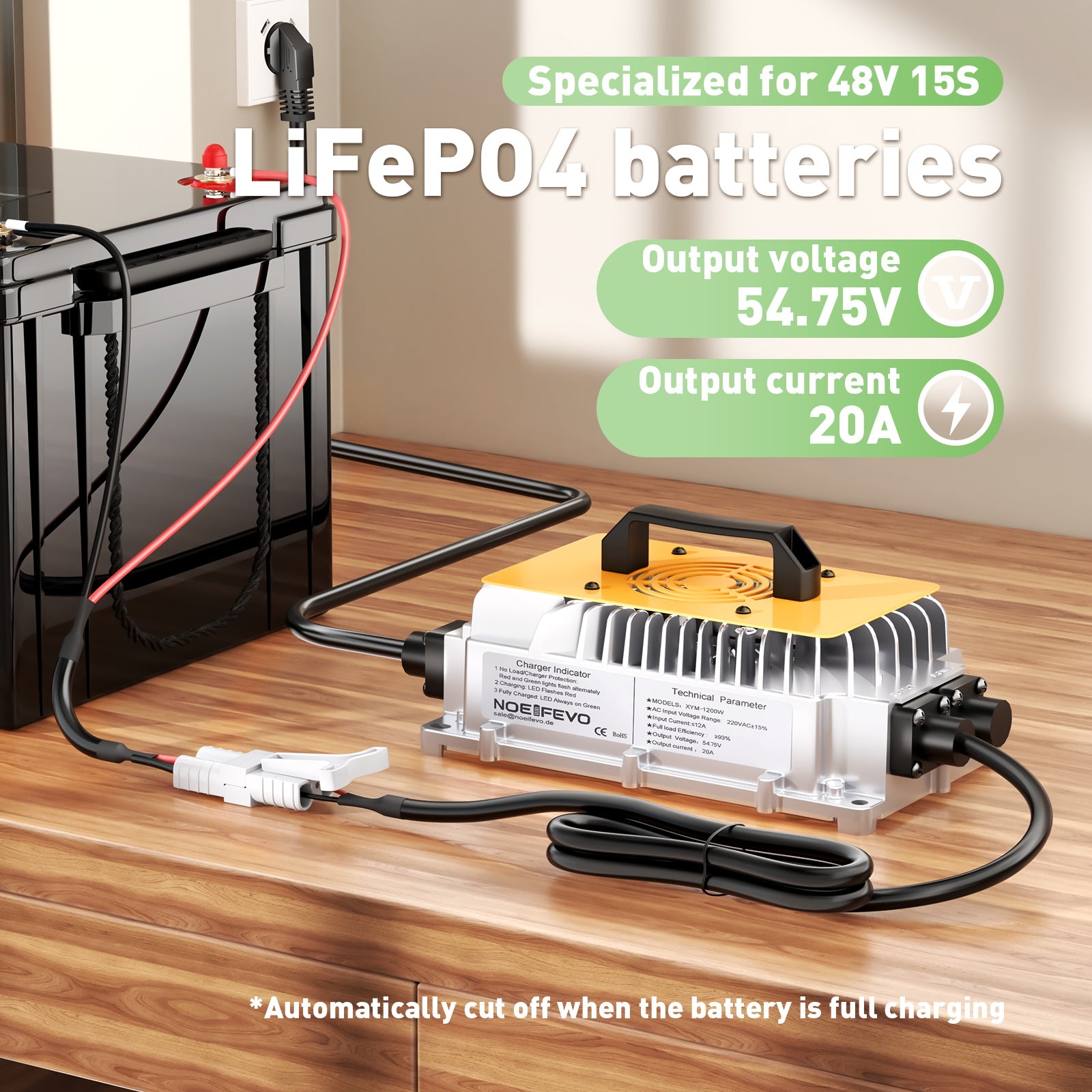 NOEIFEVO 54.75V 20A LiFePO4 batterioplader til 48V 15S lithium batteri, vandtæt, 0V BMS aktivering, automatisk nedlukning
​