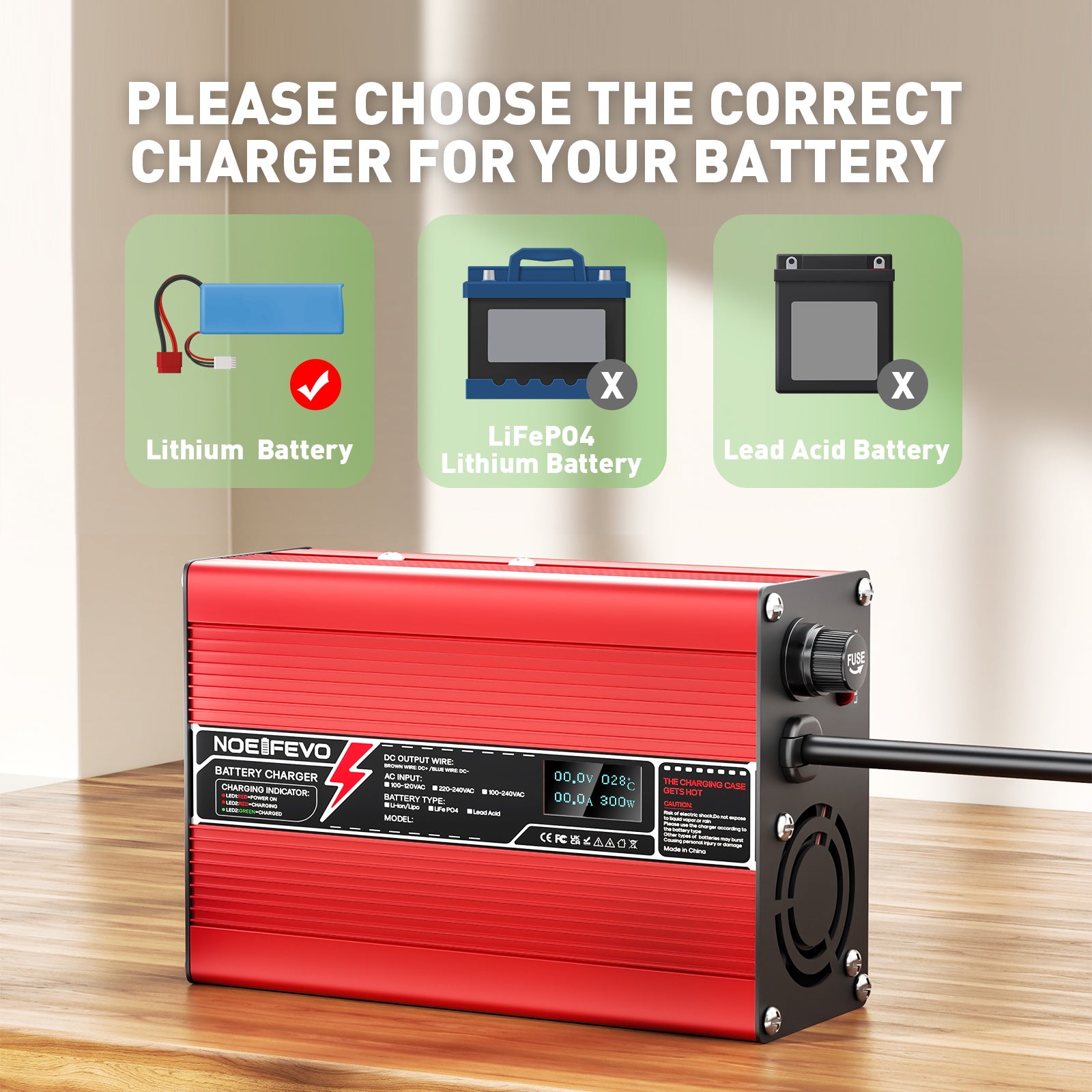 NOEIFEVO 36.5V 2A 3A 3.5A 4A LiFePO4 batteriladdare för 10S 32V LiFePO4-batteri, kylfläkt, automatisk avstängning (RÖD)