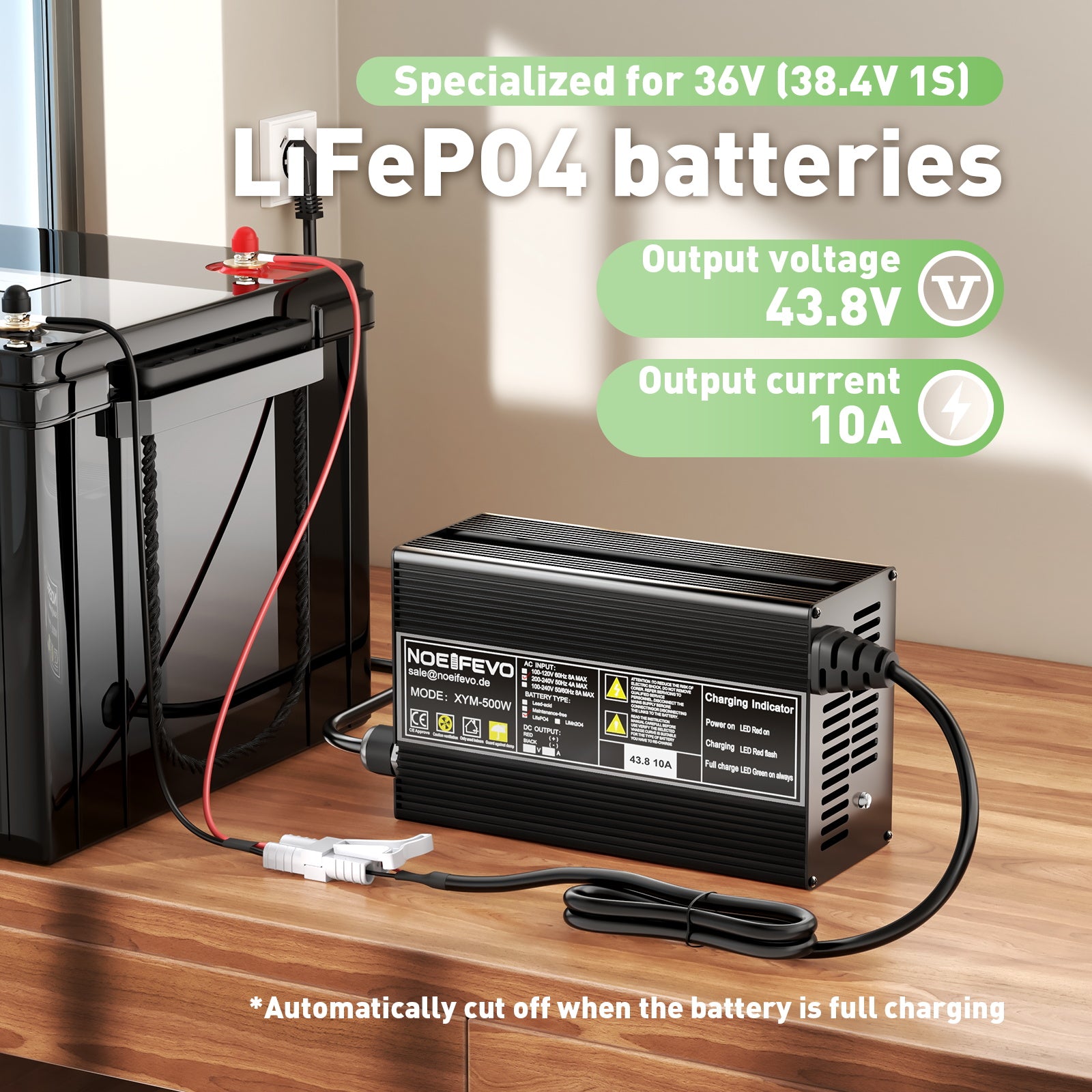 Noeifevo 43.8V 10A LiFePO4 batteriladdare för 36V 38.4V 12S LiFePO4 batteri
​