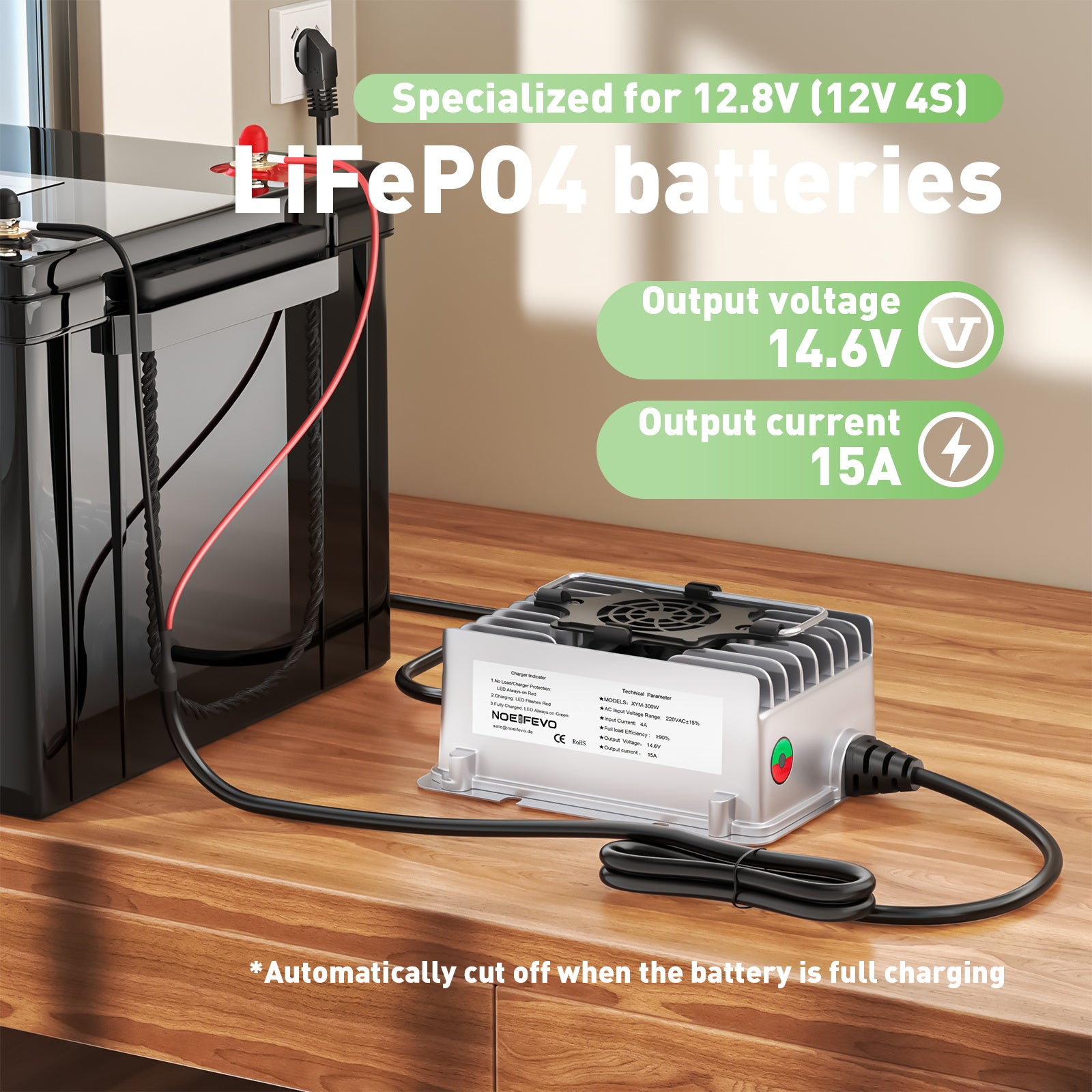 NOEIFEVO Caricabatteria LiFePO4 impermeabile 14,6 V 15 A per batteria LiFePO4 12 V (12,8 V) 4S