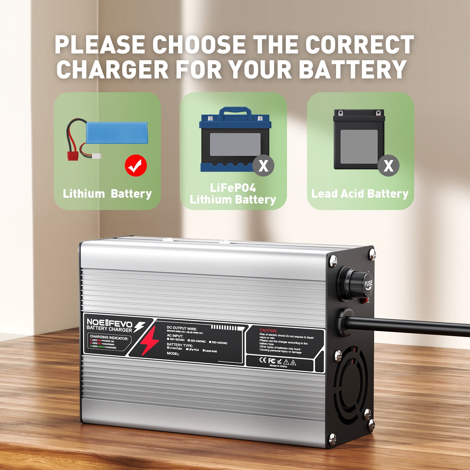 NOEIFEVO 37.8V 4A Lithium-oplader voor 9S 33.3V Li-Ion Lipo-batterijen, met koelfan, automatische uitschakeling.