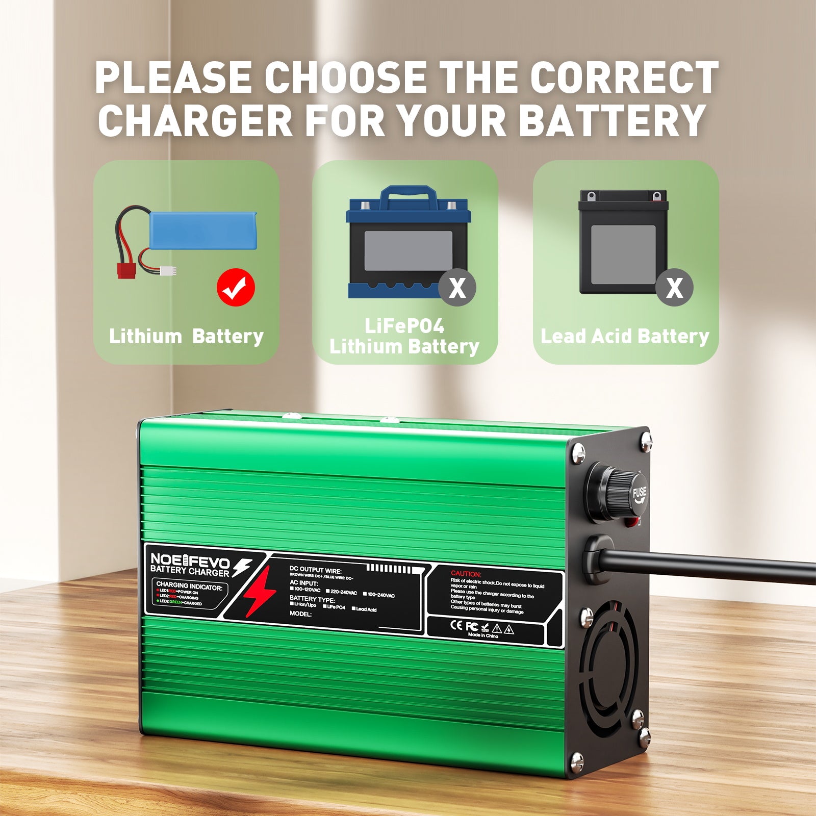 NOEIFEVO 12,6V 5A 6A 7A 8A 10A Lithium-Ladegerät für 3S 11,1V Li-Ion Lipo-Batterien,  Kühlventilator, automatischer Abschaltung(GREEN)