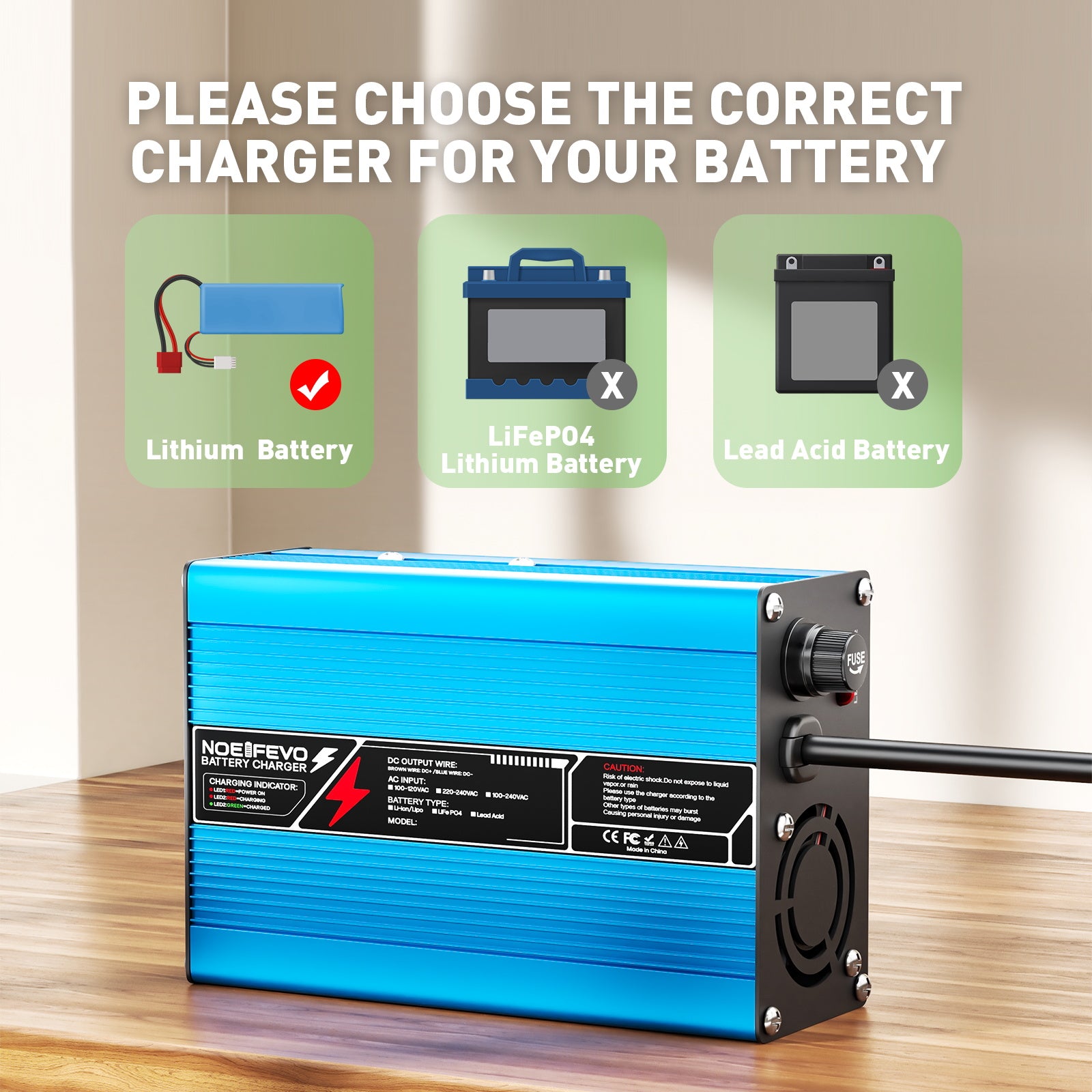 NOEIFEVO 12,6V 10A litiumladdare för 3S 11,1V Li-Ion Lipo-batterier, kylfläkt, automatisk avstängning (BLÅ)