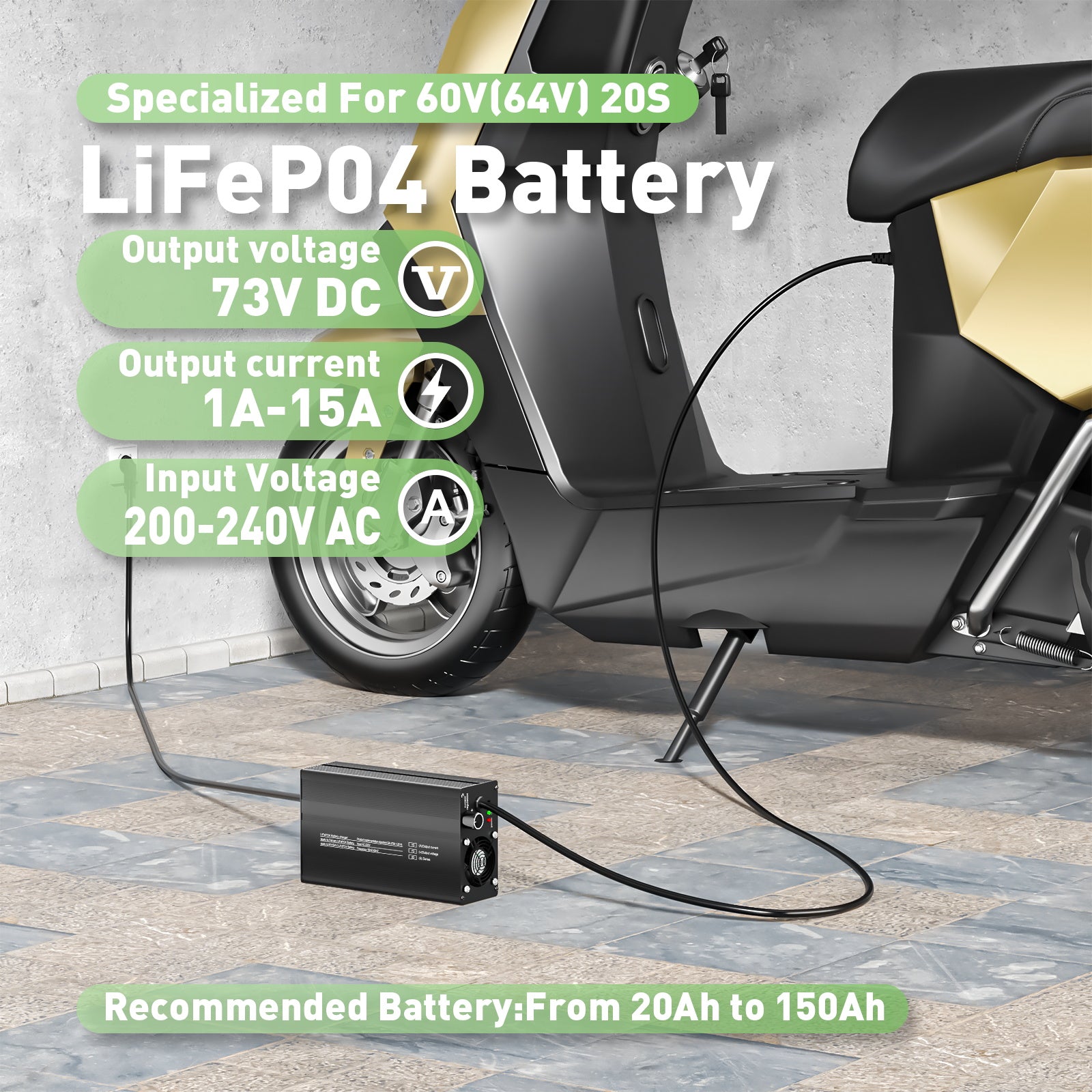 NOEIFEVO 60V 64V 15A LiFePO4 lithium au batterie de Chargeur  , tension de sortie 73V, réglage du courant 1-15A, charge lente et charge rapide (MLC1300)