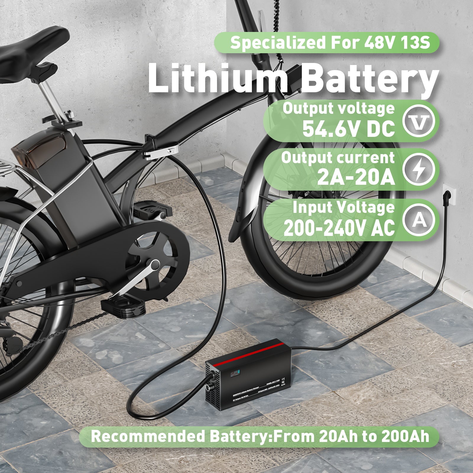 NOEIFEVO 54,6V 2-20A Lithium-batterilader til 48V 13S Lithium-Li-Ion-Lipo-batteri, LCD-skærm, justerbar strøm, lader til E-bike, scooter, elektrisk motorcykel