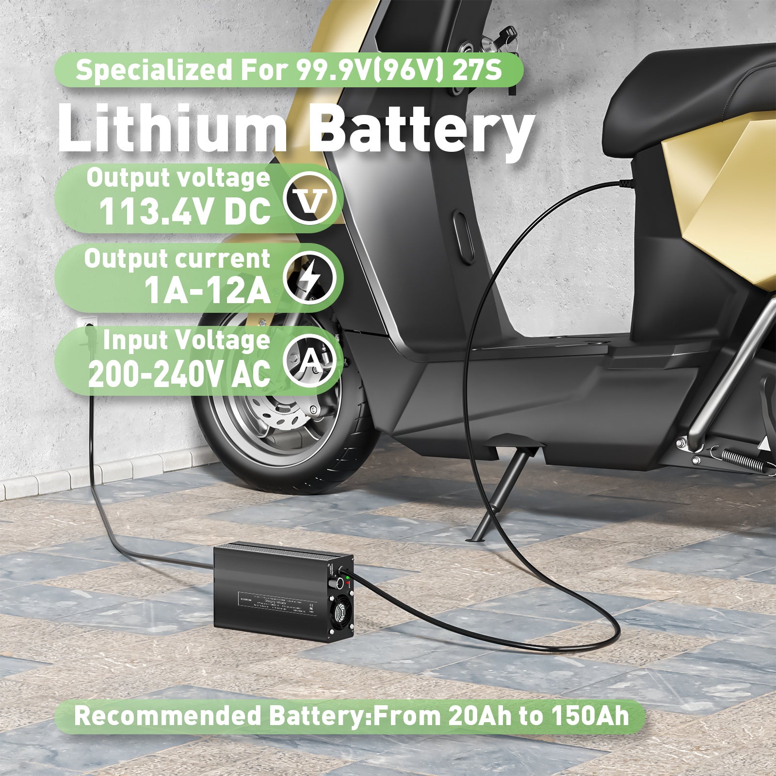 NOEIFEVO 113,4V 1A-12A Litium-batteriladdare för 99,9V (96V) 27S Litium-Li-Ion-LiPo-batteri, LCD-display, justerbar ström