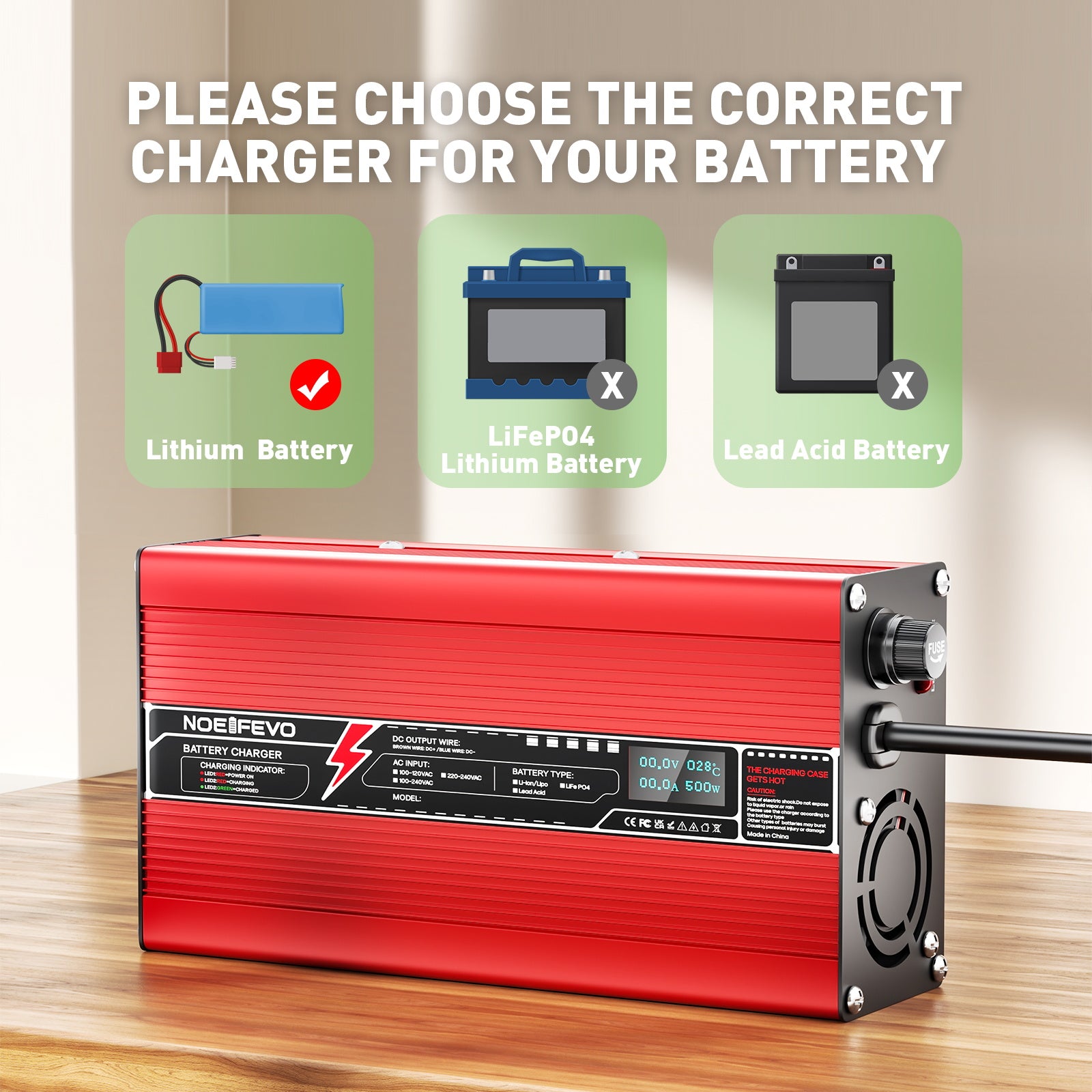 NOEIFEVO 42V 10A 10S Litiumbatteriladdare, för 10S 37V Li-Ion batteri, LED-display, för elcykel, skoter, båt och bil