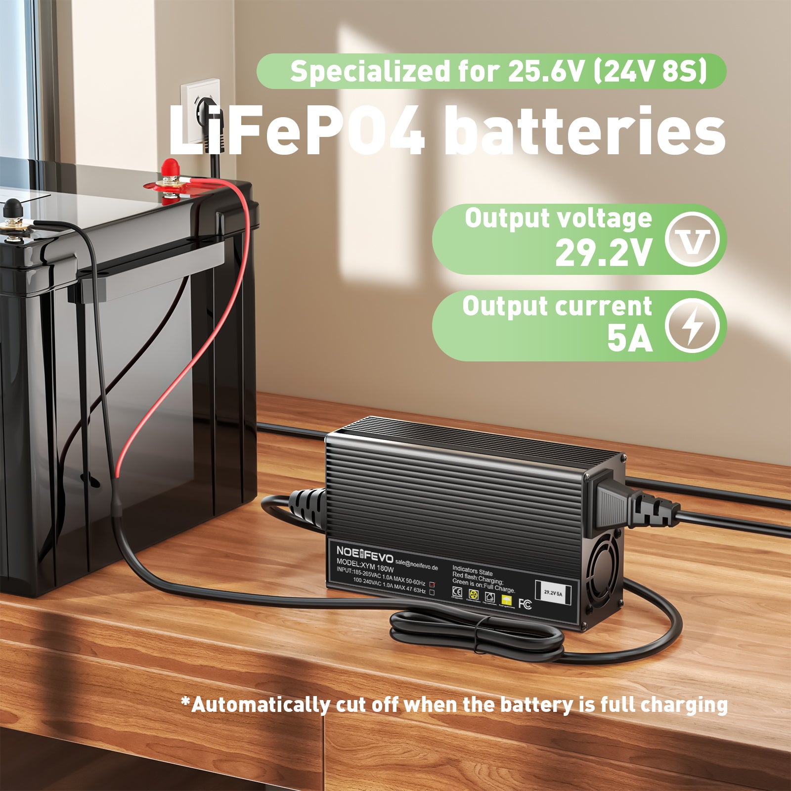 Noeifevo 29,2 V 5A LiFePO4 batterie de Chargeur  pour batterie 24 V 25,6 V LiFePO4, XLR/IEC/XT60/Anderson 50A/M8