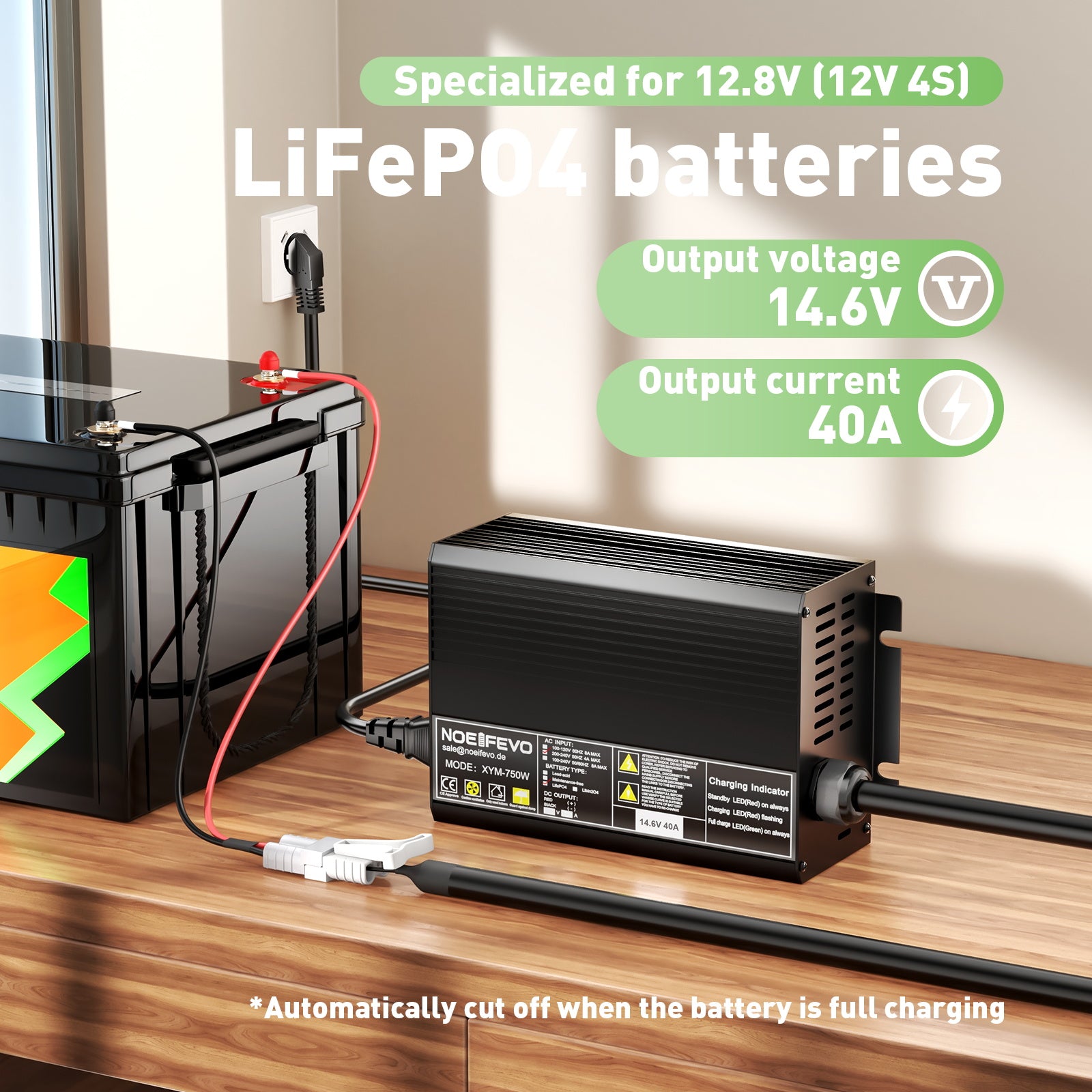 מטען סוללות Noeifevo 14.6V 40A LiFePO4 עבור סוללת LiFePO4 12V (12.8V)