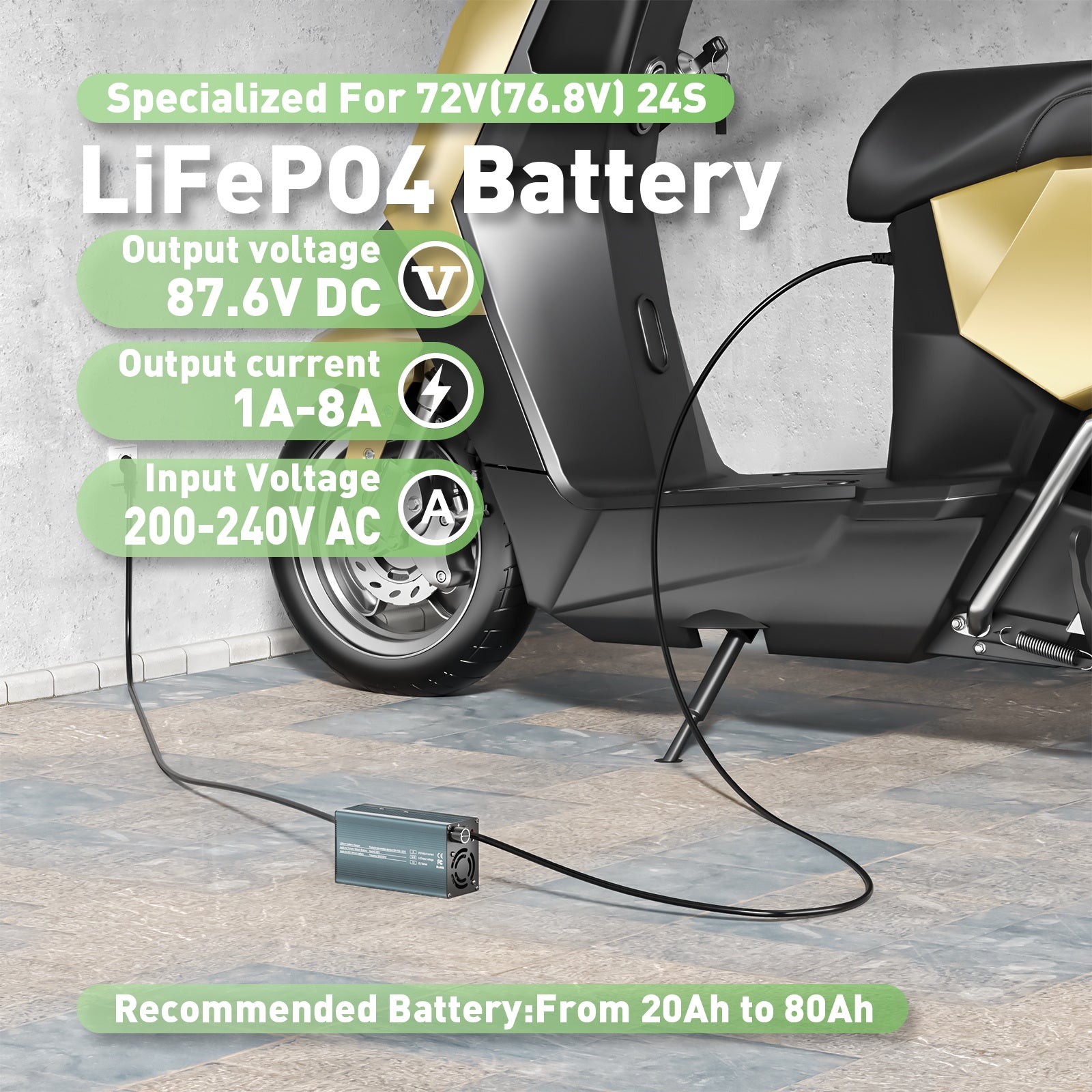 NOEIFEVO 87.6V 8A Chargeur de batterie Lithium-LiFePO4 pour batterie LiFePO4 76.8V 24S, avec affichage LCD, courant réglable, chargeur pour voiturette de golf, moteur électrique, bateau et camping-car