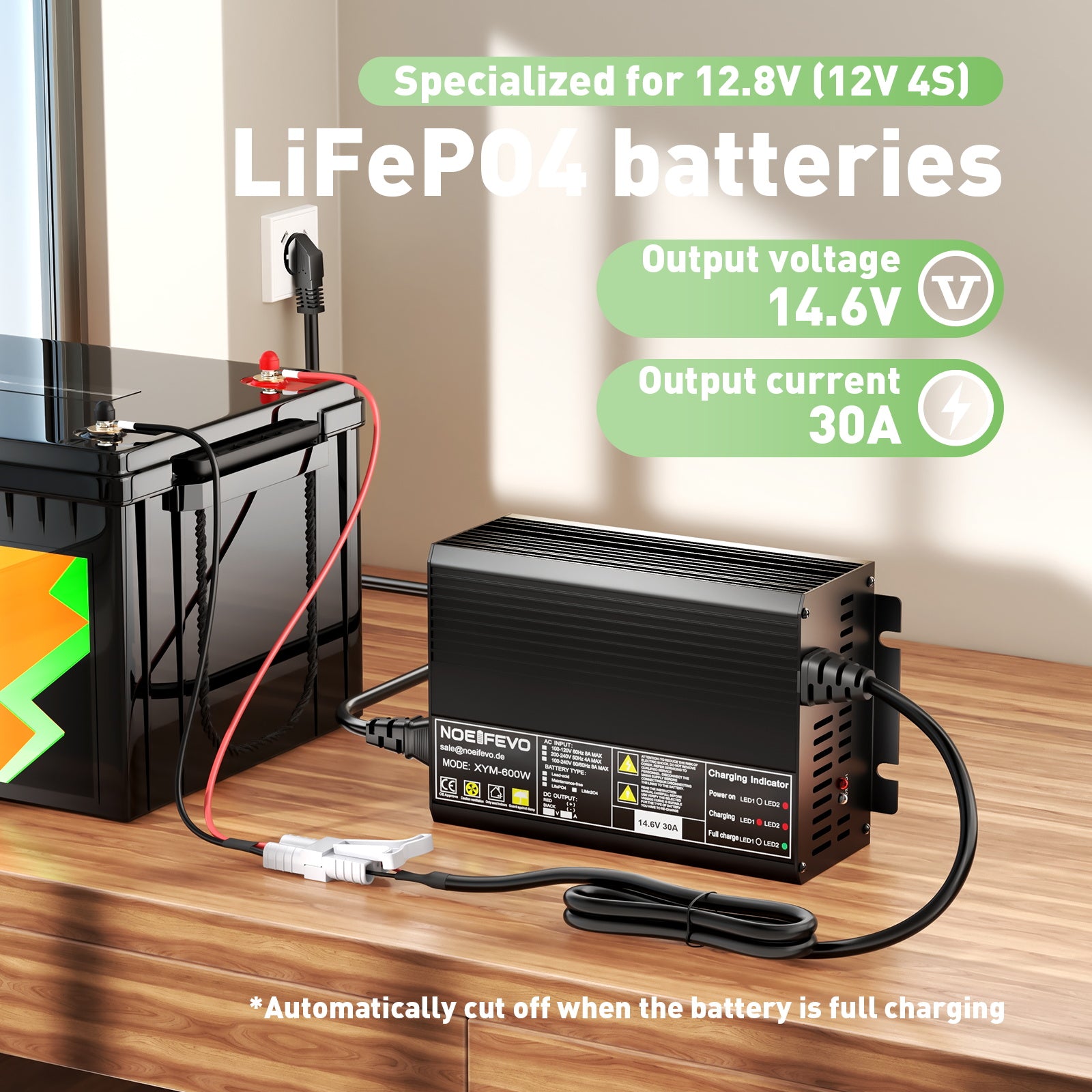 Noeifevo 12V 12,8V 30A Carregador de bateria de lítio LiFePO4, tensão de carregamento 14,6V, ativação 0V BMS, desligamento automático, caixa de alumínio