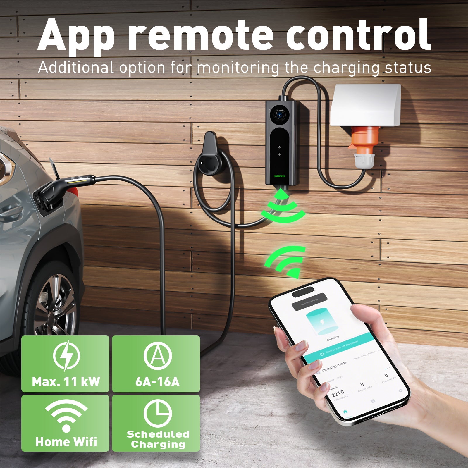 NOEIFEVO Wallbox mobile 11kW avec appli [5m/10m | triphasé | 6–16 A], câble de recharge pour voiture CEE-16A 400V vers Type 2 avec puissance de charge réglable, chargeur EV pour ID.3/4/5/7, IX1, Model 3/Y et autres BEV/PHEV