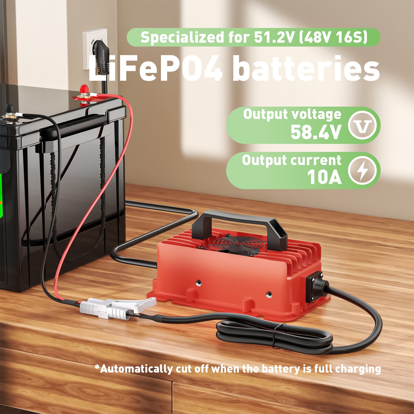 NOEIFEVO 58.4V 10A vandtæt LiFePO4 batterioplader til 51.2V(48V) 16S LiFePO4 batteri
​