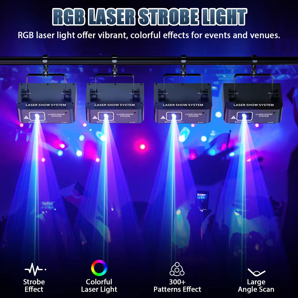 Laser projecteur de scène à balayage laser RGB avec effets de faisceau, éclairage intérieur LED pour scène – idéal pour DJs, discothèques, fêtes d'anniversaire et mariages. Prend en charge DMX512 et fonctionnement activé par le son