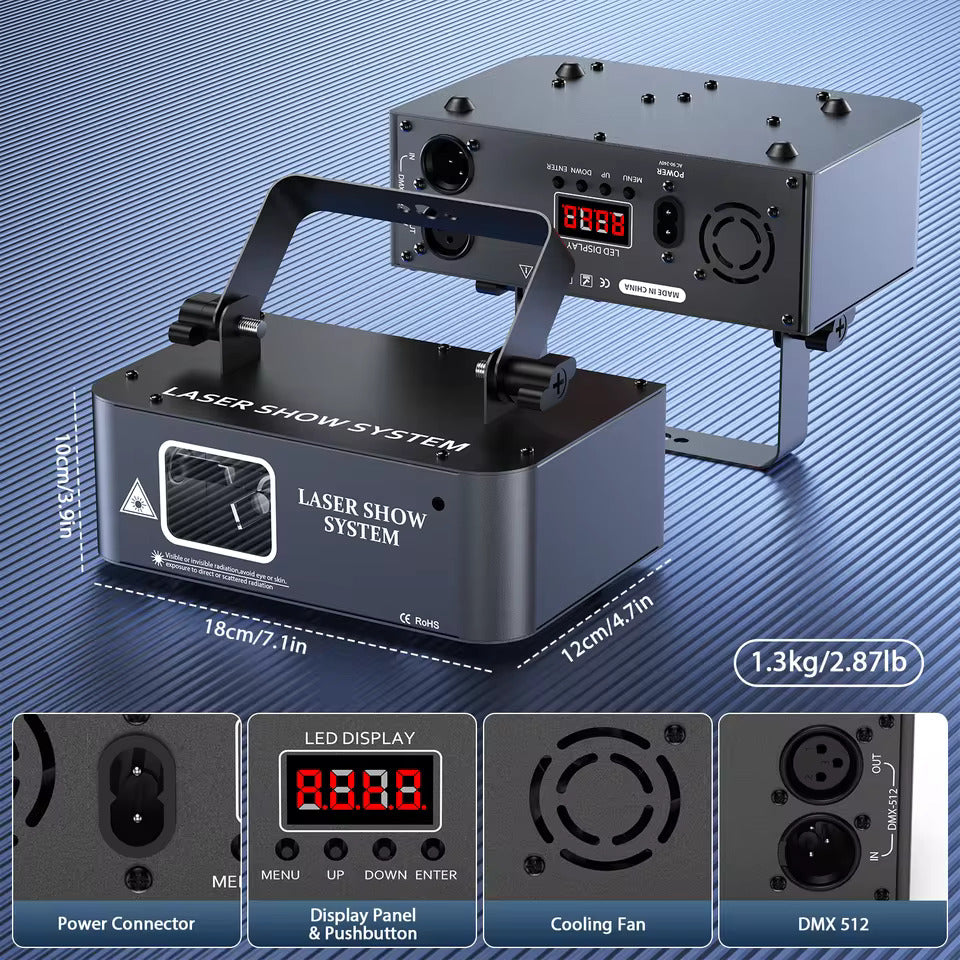 Laser projecteur de scène à balayage laser RGB avec effets de faisceau, éclairage intérieur LED pour scène – idéal pour DJs, discothèques, fêtes d'anniversaire et mariages. Prend en charge DMX512 et fonctionnement activé par le son