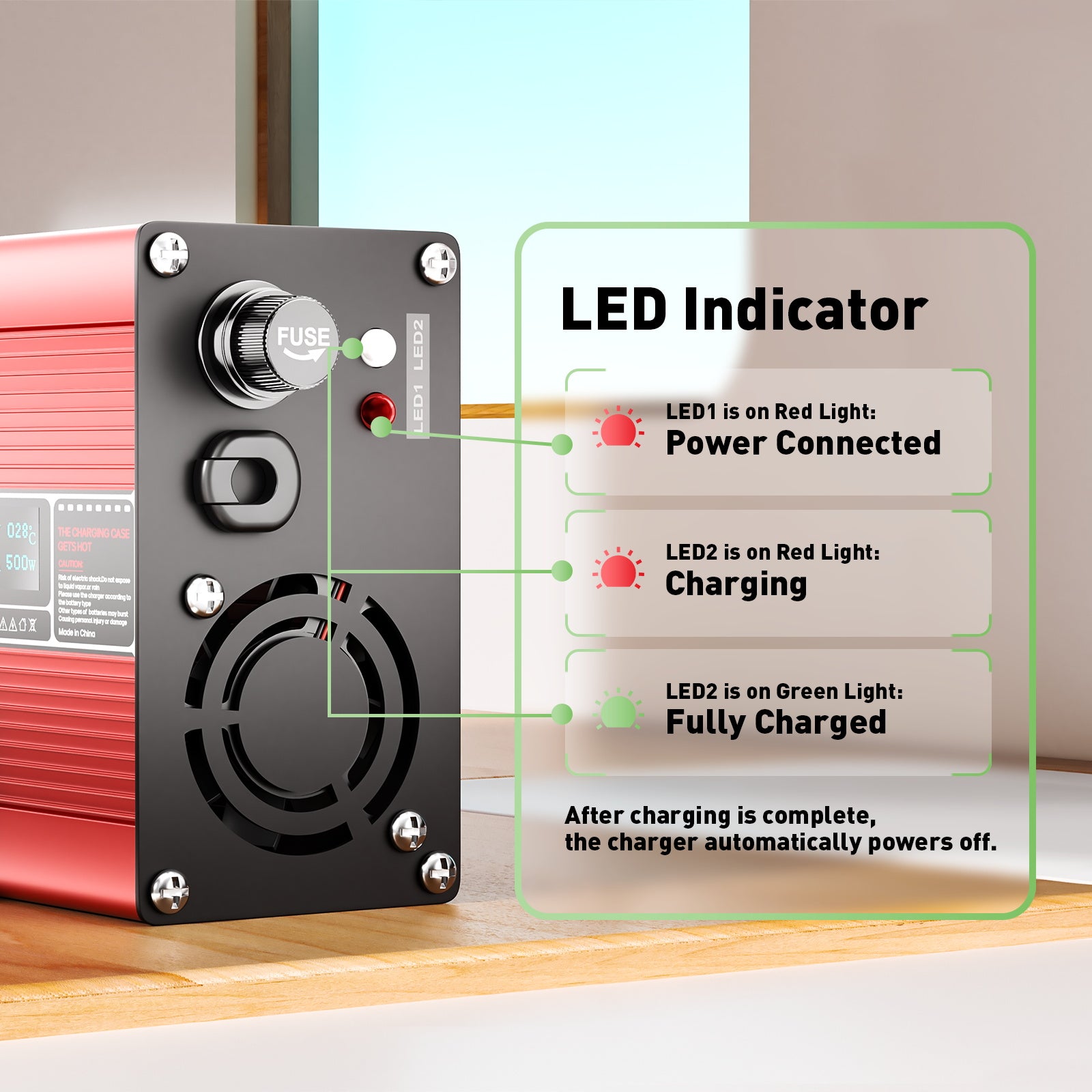 NOEIFEVO 48V 8A chargeur de batterie au plomb-acide, tension de charge 55,2V-58,8V, arrêt automatique, écran OLED, boîtier en aluminium, avec ventilateur