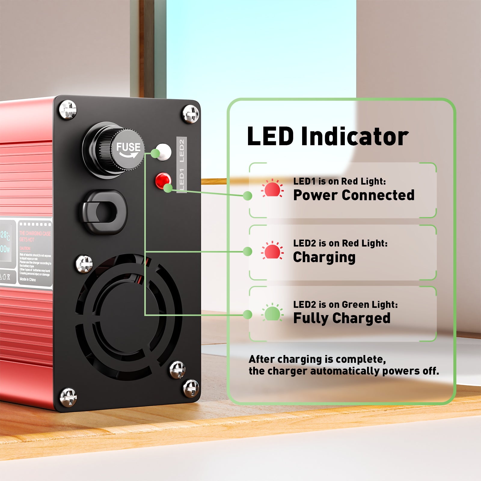 NOEIFEVO 25,2V 5A litiumladdare för 6S 22,2V Li-Ion Lipo-batterier, kylfläkt, automatisk avstängning (RÖD)