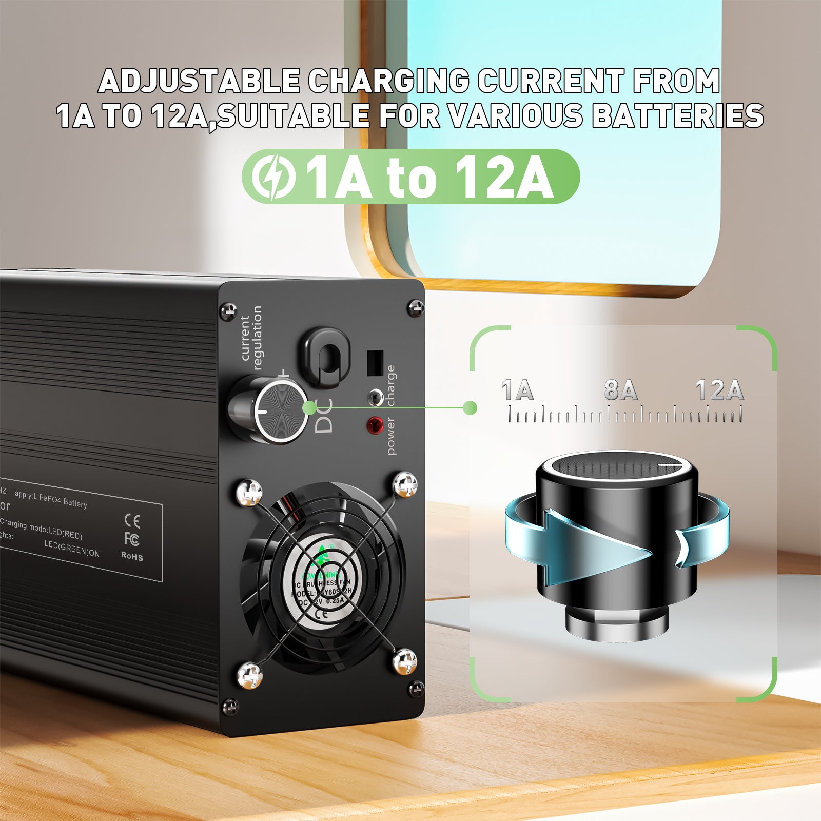 NOEIFEVO 116.8V 1A-12A Cargador de Batería LiFePO4, adecuado para batería LiFePO4 de 102.4V (96V) 32S, pantalla LCD, corriente ajustable