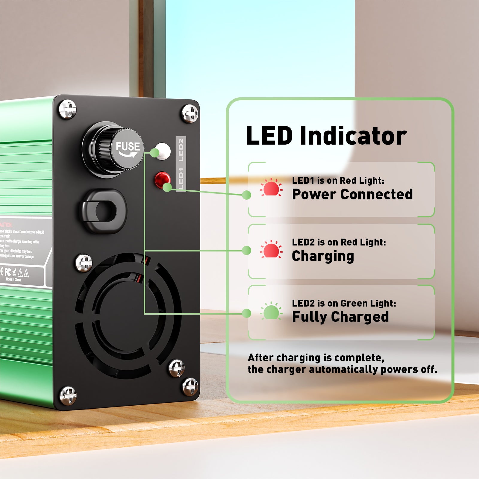 NOEIFEVO 50.4V 2A 2.5A 3A Chargeur Lithium pour Batteries Li-Ion Lipo 12S 44.4V, avec Ventilateur de Refroidissement et Arrêt Automatique (VERT)