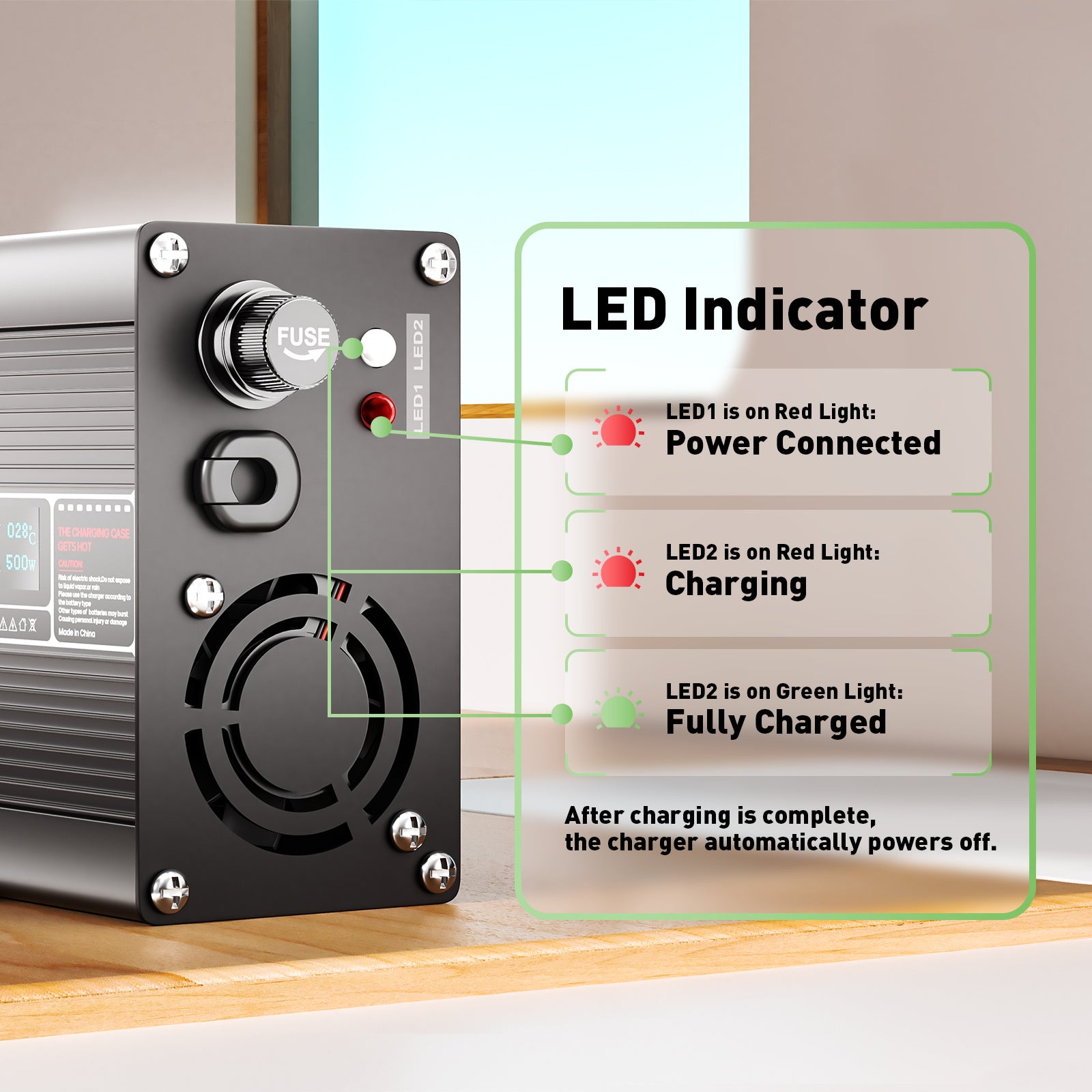 NOEIFEVO 42V 10A Lithium-oplader voor 10S 37.0V batterij, LED-display, aluminium behuizing, ventilator