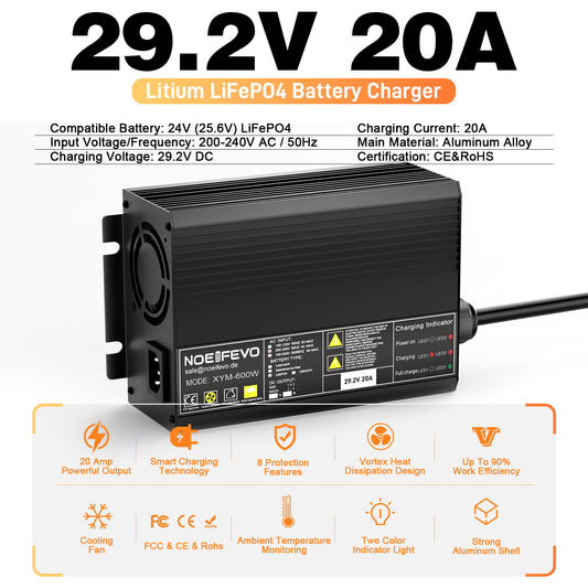 Noeifevo 29,2 V 20 A LiFePO4  batterie de Chargeur pour batterie au lithium 24 V 25,6 V, activation BMS 0 V, arrêt automatique avec protection complète