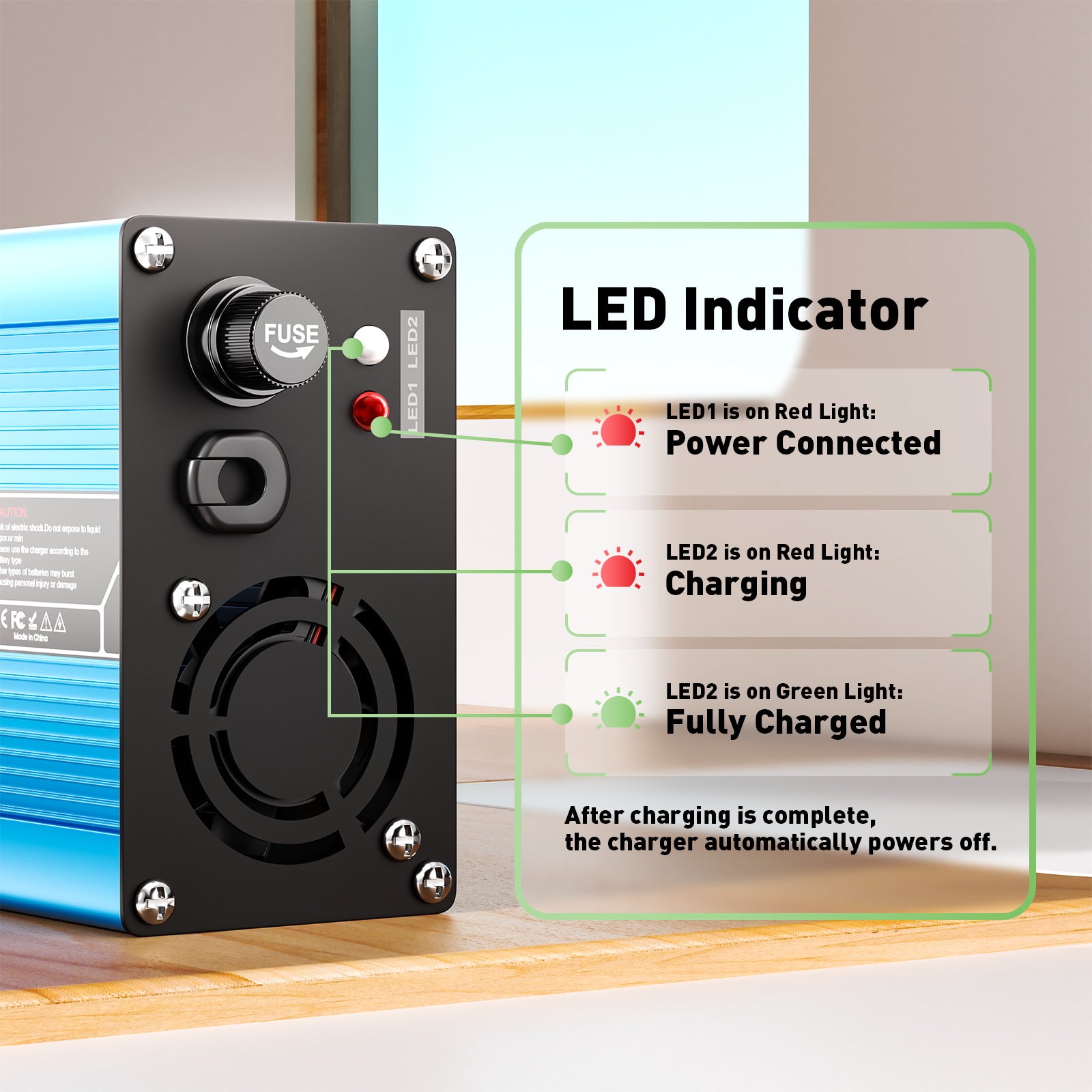 NOEIFEVO 16.8V 10A lithiumová nabíječka pro 4S 14.8V Li-Ion Lipo baterie, chladicí ventilátor, automatické vypnutí（BLUE）