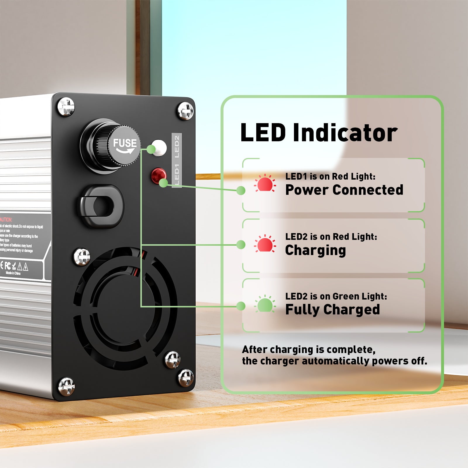 NOEIFEVO 43.8V 4A Chargeur de batterie LiFePO4 pour batterie 12S 36V 38.4V LiFePO4, ventilateur de refroidissement, arrêt automatique