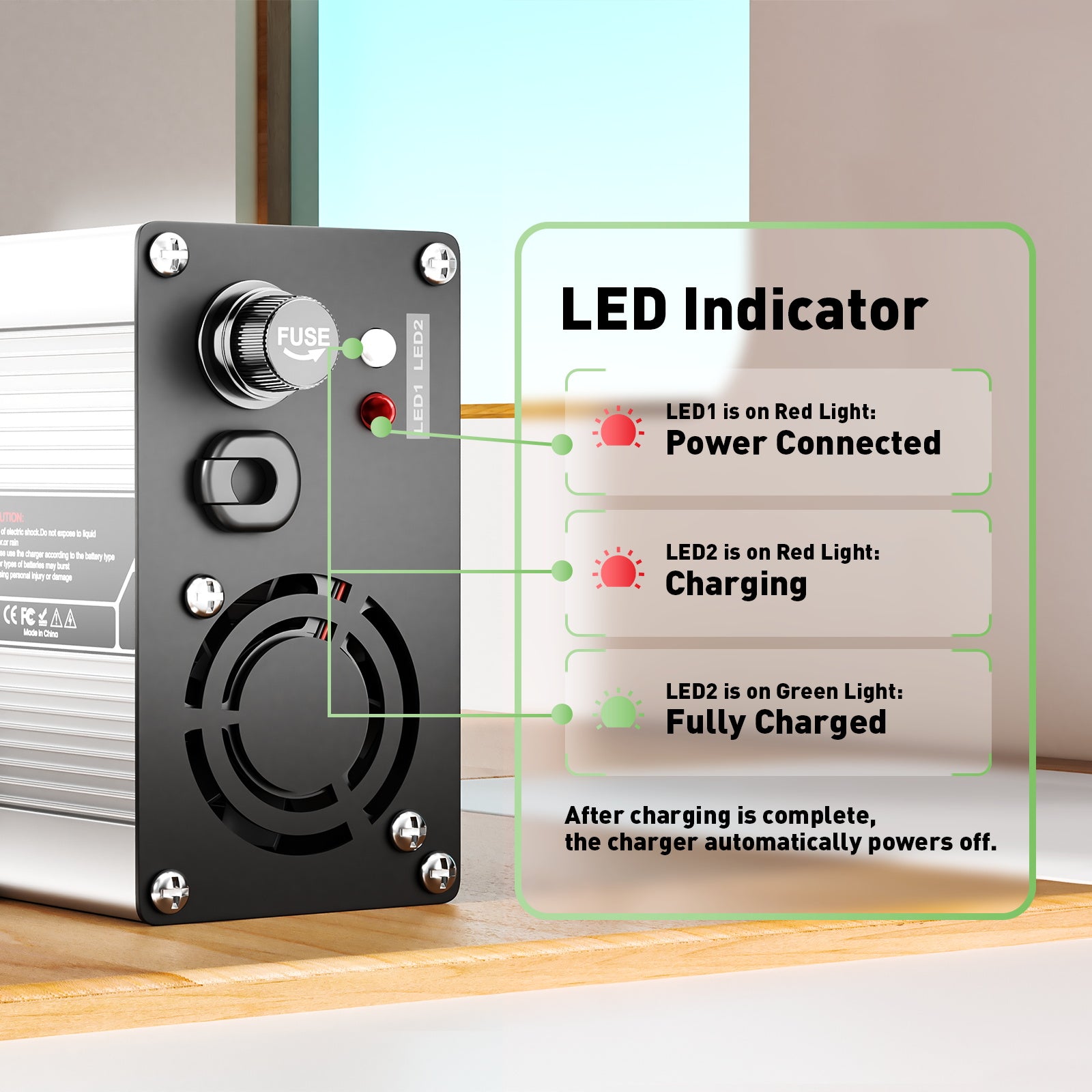 NOEIFEVO 29,2V 15A LiFePO4 nabíjačka batérií pre 24V(25,6V) 4S batériu, automatické vypnutie, hliníkový kryt, s ventilátorom (strieborná)