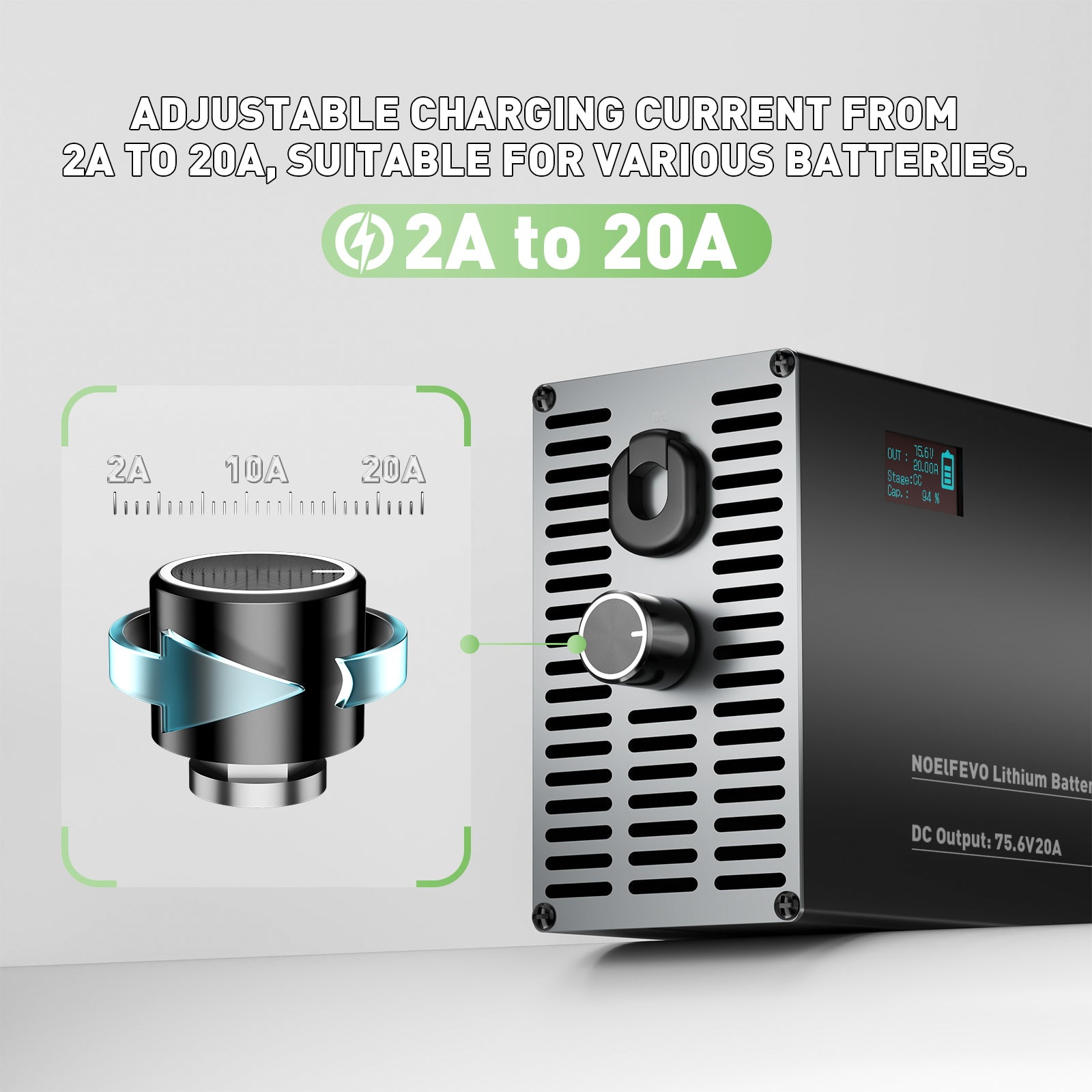 NOEIFEVO 75.6V 2-20A Lithium-batterilader til 66.6V 18S Lithium-Li-Ion-Lipo-batteri, LCD-skærm, justerbar strøm, lader til E-bike, scooter, elektrisk motorcykel