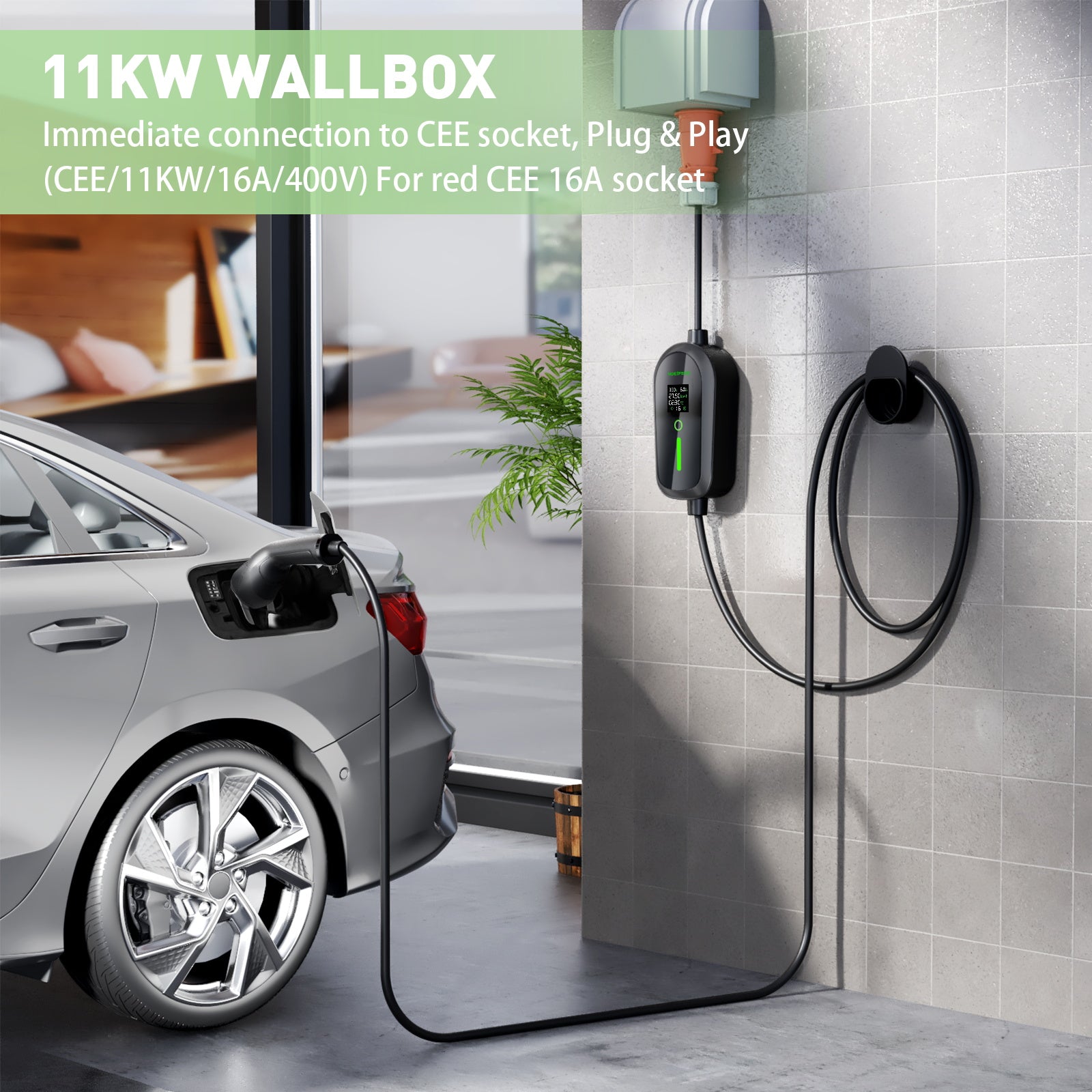 NOEIFEVO F097 11KW Wallbox mobile EV avec application, 3 phases 6-16A avec puissance de charge réglable, contrôle à distance par Wi-Fi, câble de recharge CEE 16A vers Type 2 pour chargeur EV