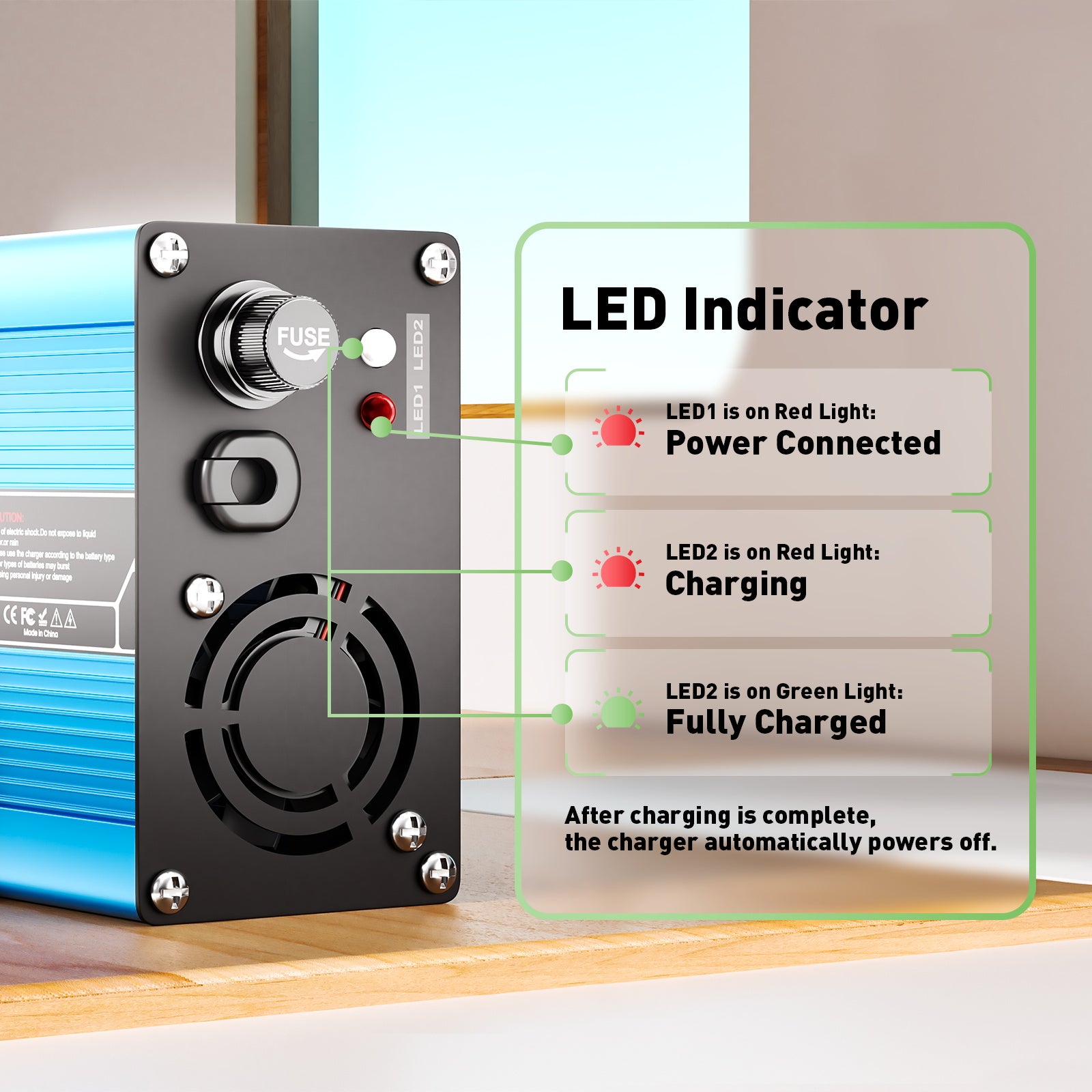 NOEIFEVO 12V 20A Chargeur de batterie au plomb-acide, tension de charge 13,8V-14,7V, arrêt automatique, boîtier en aluminium, avec ventilateur (bleu)