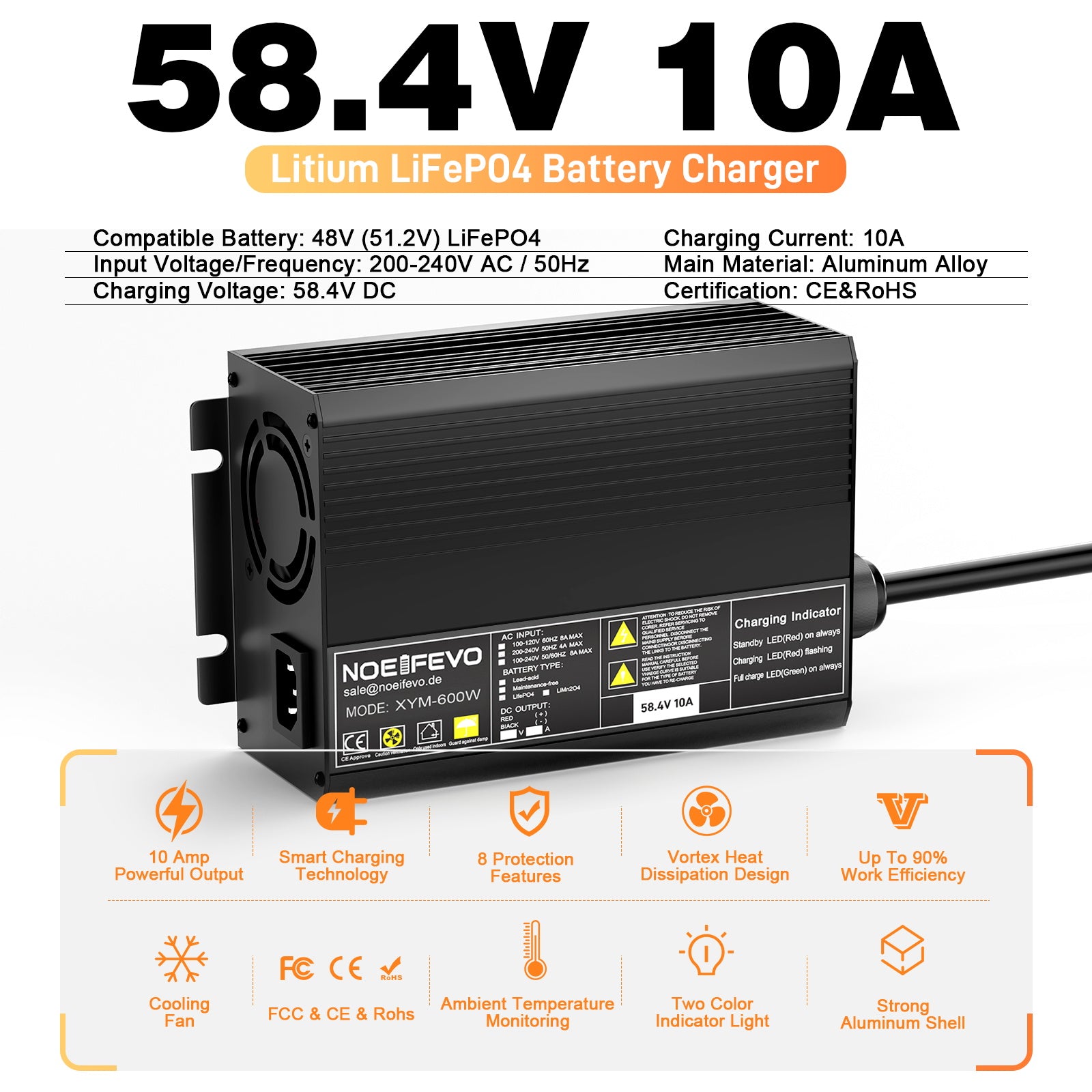  NOEIFEVO 58,4 V 10 A LiFePO4 Caricabatterie per batteria al litio 51,2 V (48 V) 16S per carrelli da golf, camper e motori elettrici da pesca