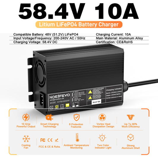 NOEIFEVO 58,4 V 10 A LiFePO4 batterie de Chargeur pour batterie au lithium 51,2 V (48 V) 16 S pour voiturettes de golf, camping-cars et moteurs de pêche électriques