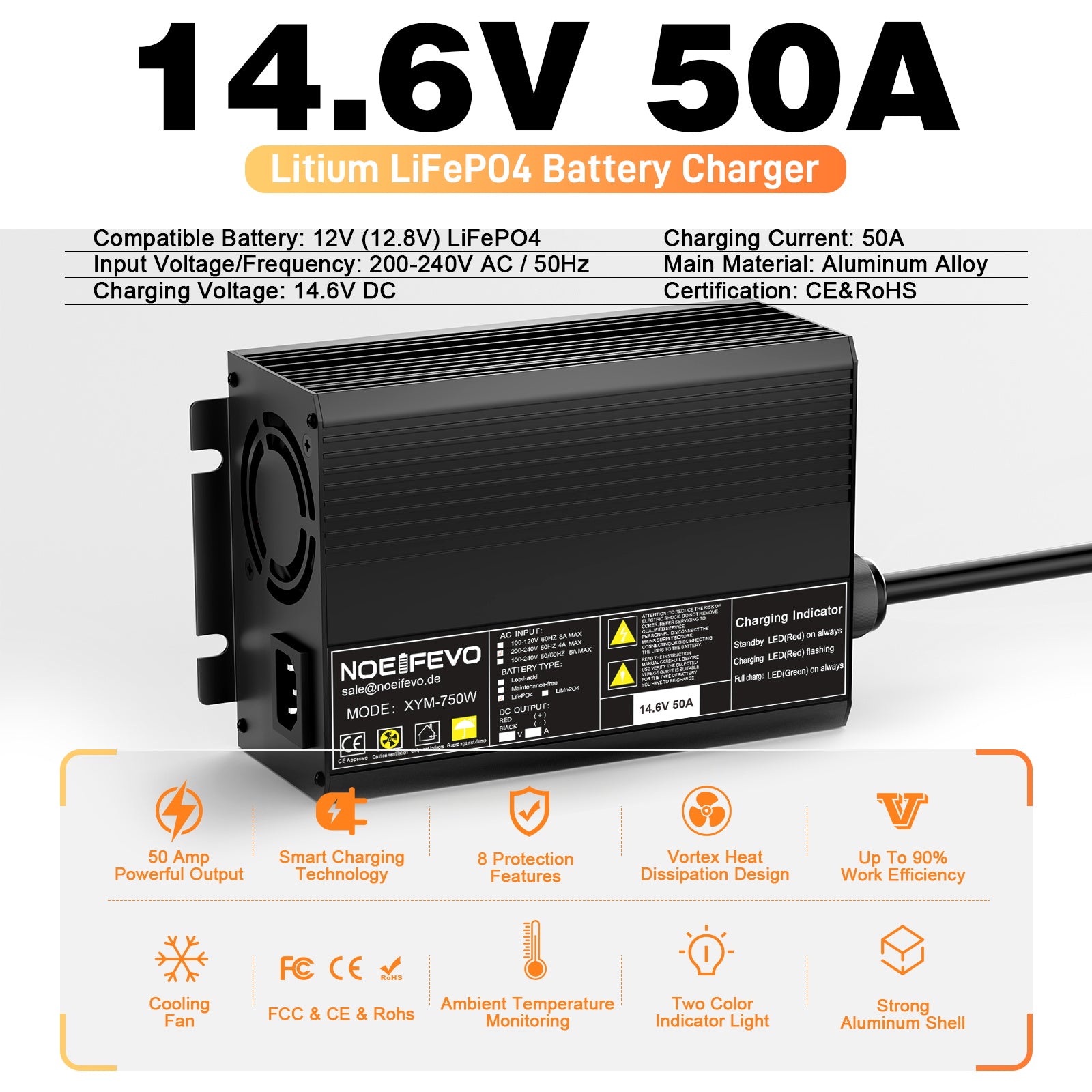 Noeifevo 14,6V 50A rýchla lítiová nabíjačka LiFePO4 batérie pre 12V (12,8V) LiFePO4 batériu, 0V BMS aktivácia, automatické vypnutie s plnou ochranou